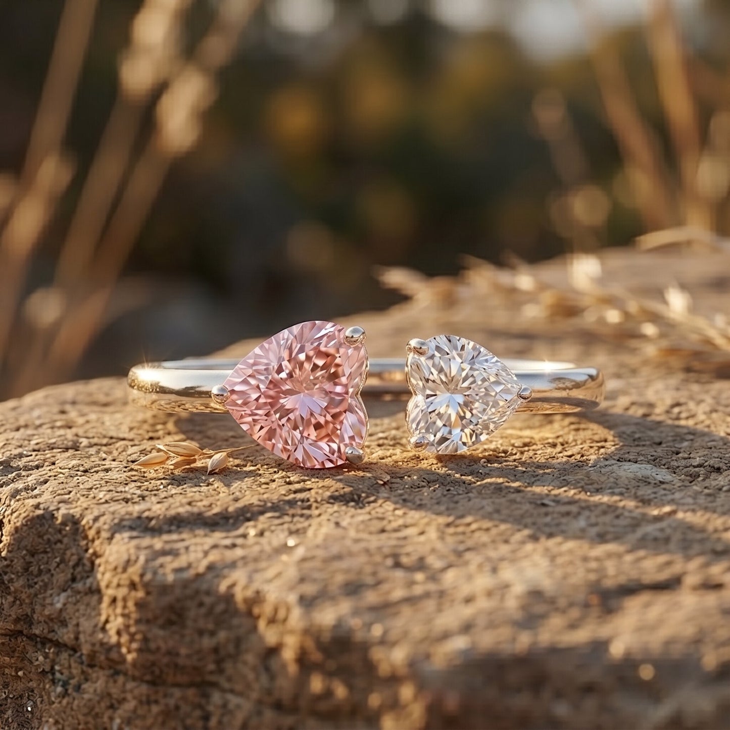 Heart Shape Lab Grown Pink White Diamond Toi Et Moi Promise Ring with IGI Certificate