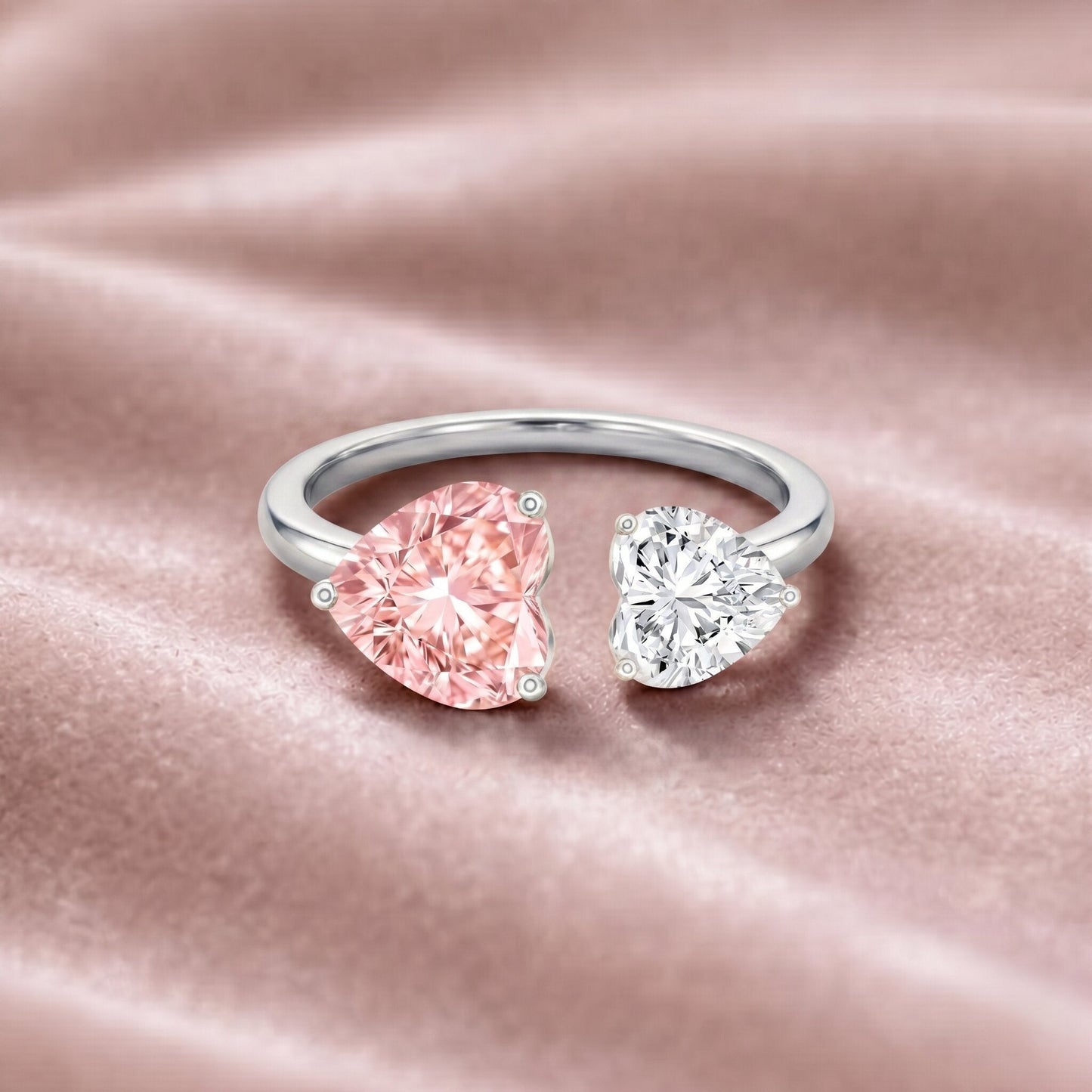 Heart Shape Lab Grown Pink White Diamond Toi Et Moi Promise Ring with IGI Certificate
