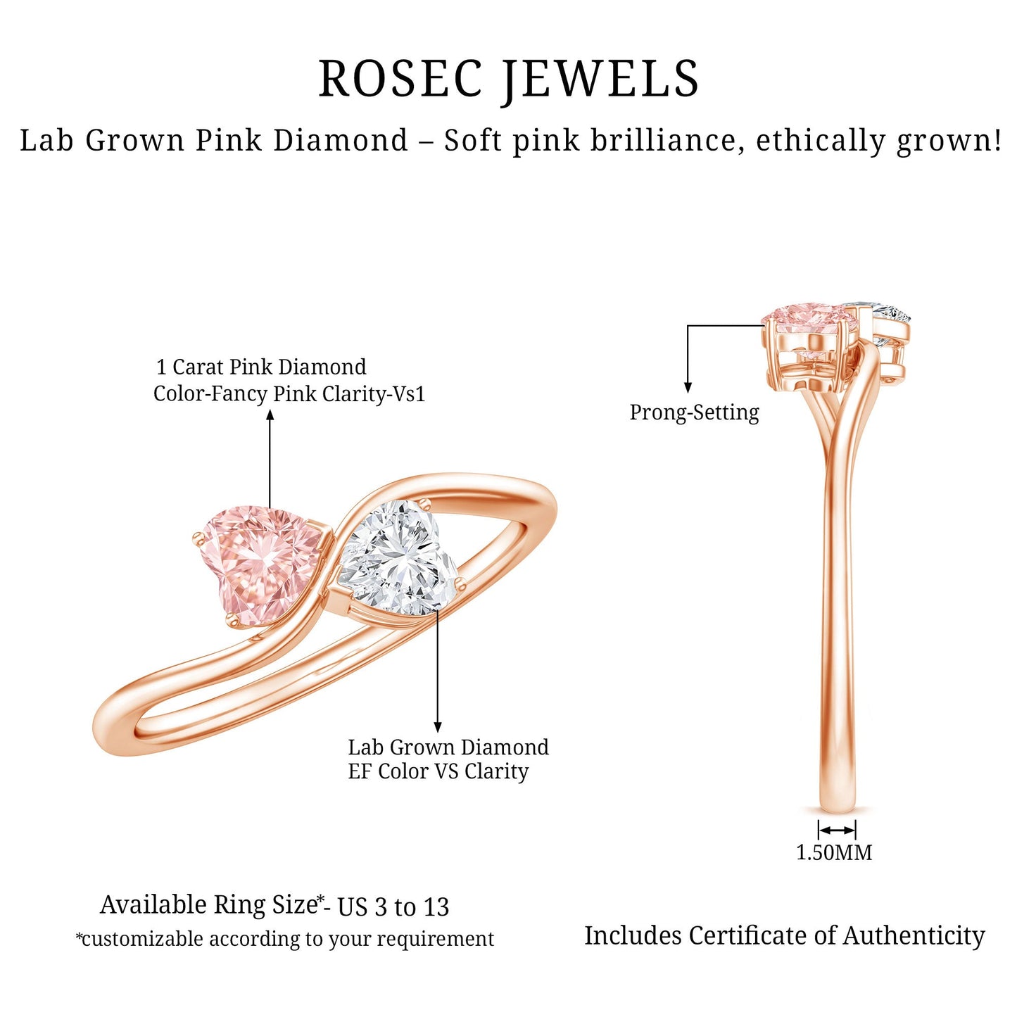 Lab Grown Pink and White Diamond Double Heart Promise Ring IGI Certified