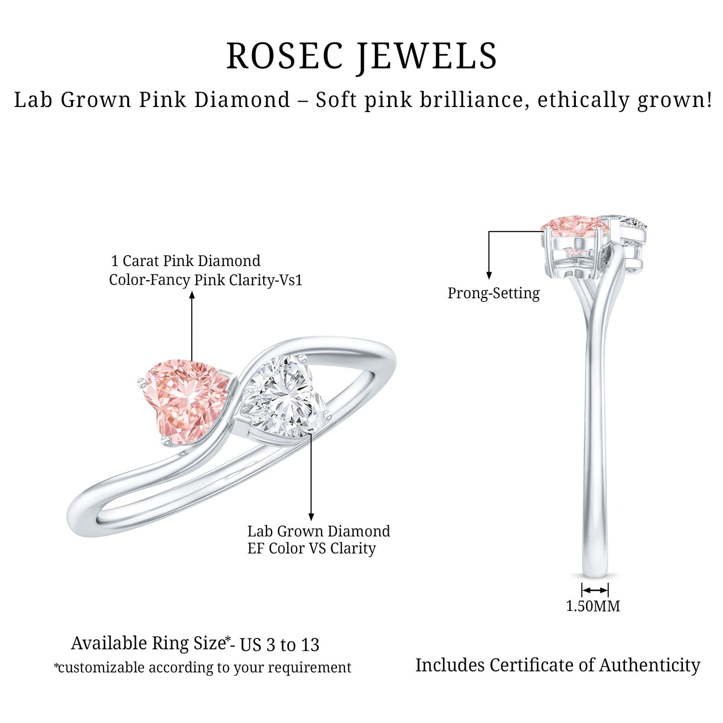 Lab Grown Pink and White Diamond Double Heart Promise Ring IGI Certified