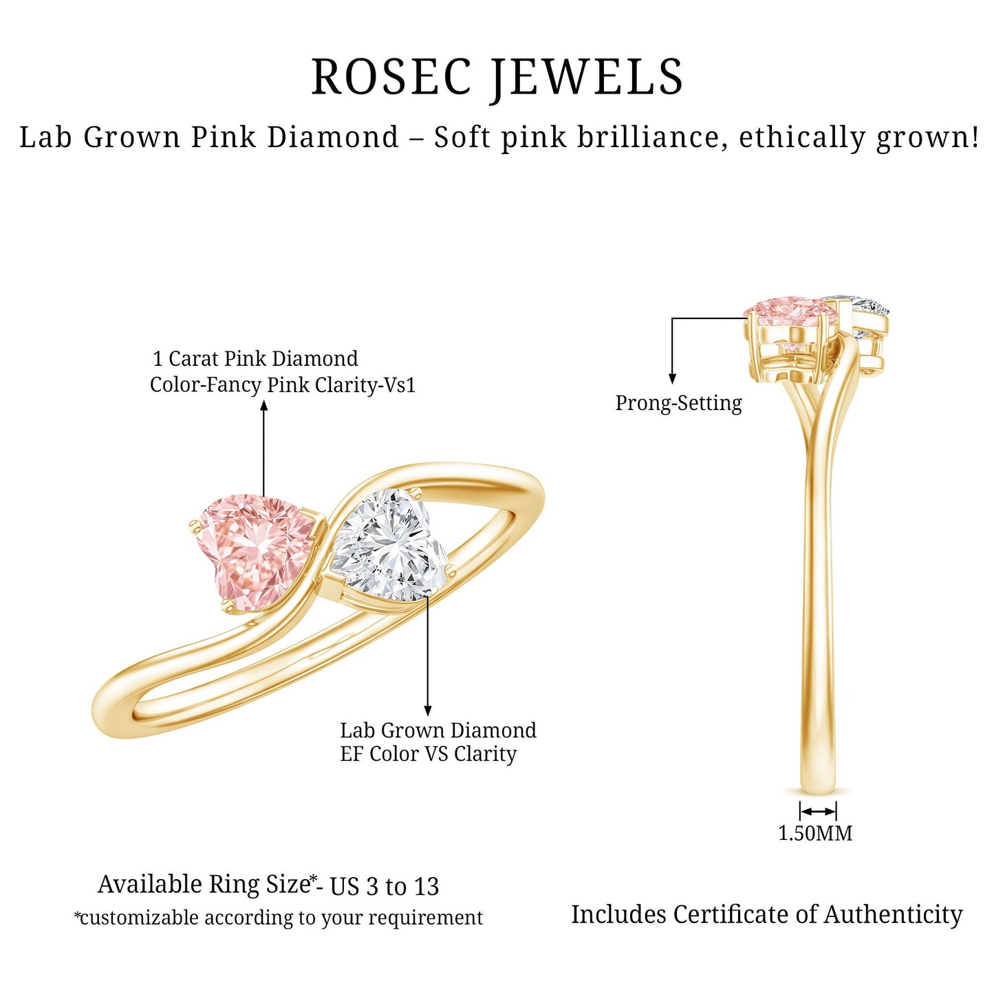Lab Grown Pink and White Diamond Double Heart Promise Ring IGI Certified