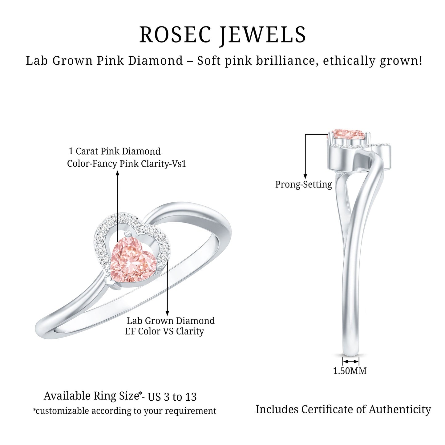 IGI Certified Lab Grown Pink Diamond Heart Promise Ring with Twisted Band