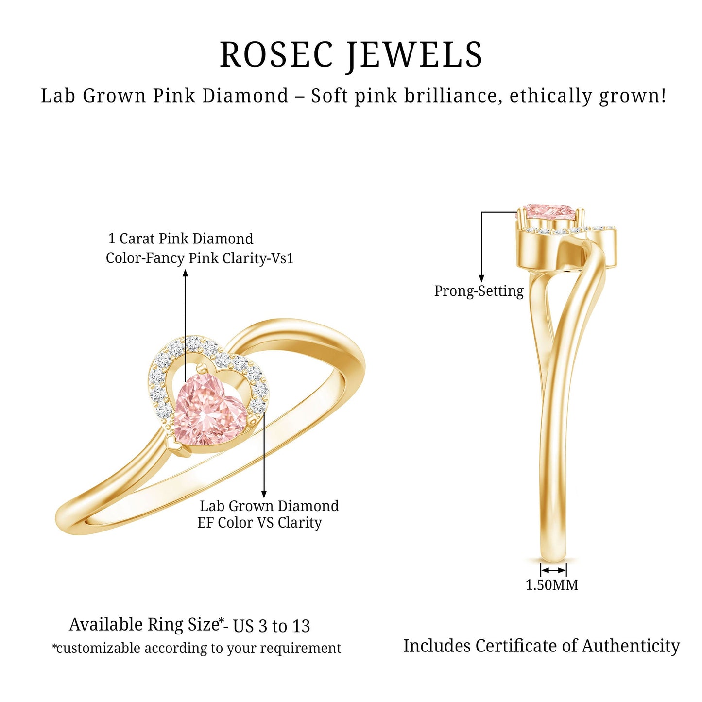 IGI Certified Lab Grown Pink Diamond Heart Promise Ring with Twisted Band