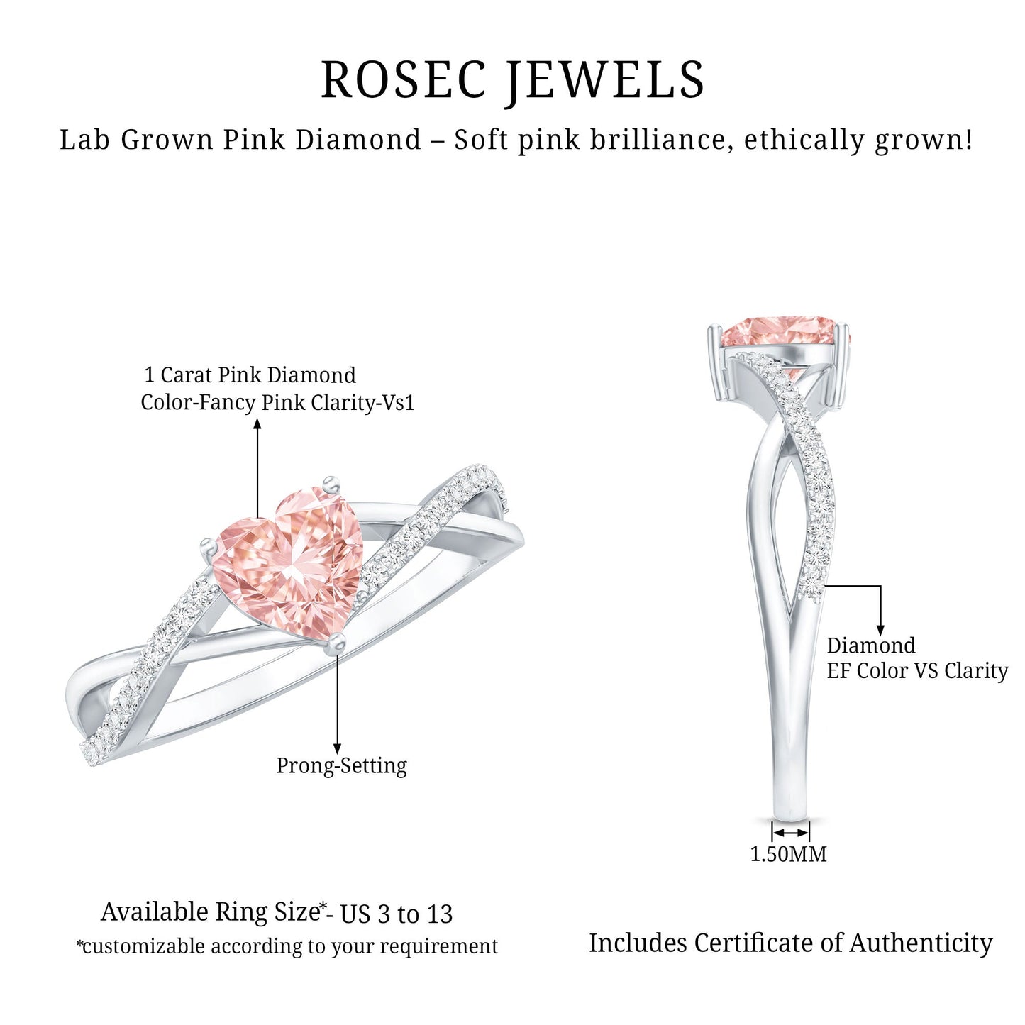 IGI Certified 1 CT Heart Shaped Lab Grown Pink Diamond Infinity Engagement Ring