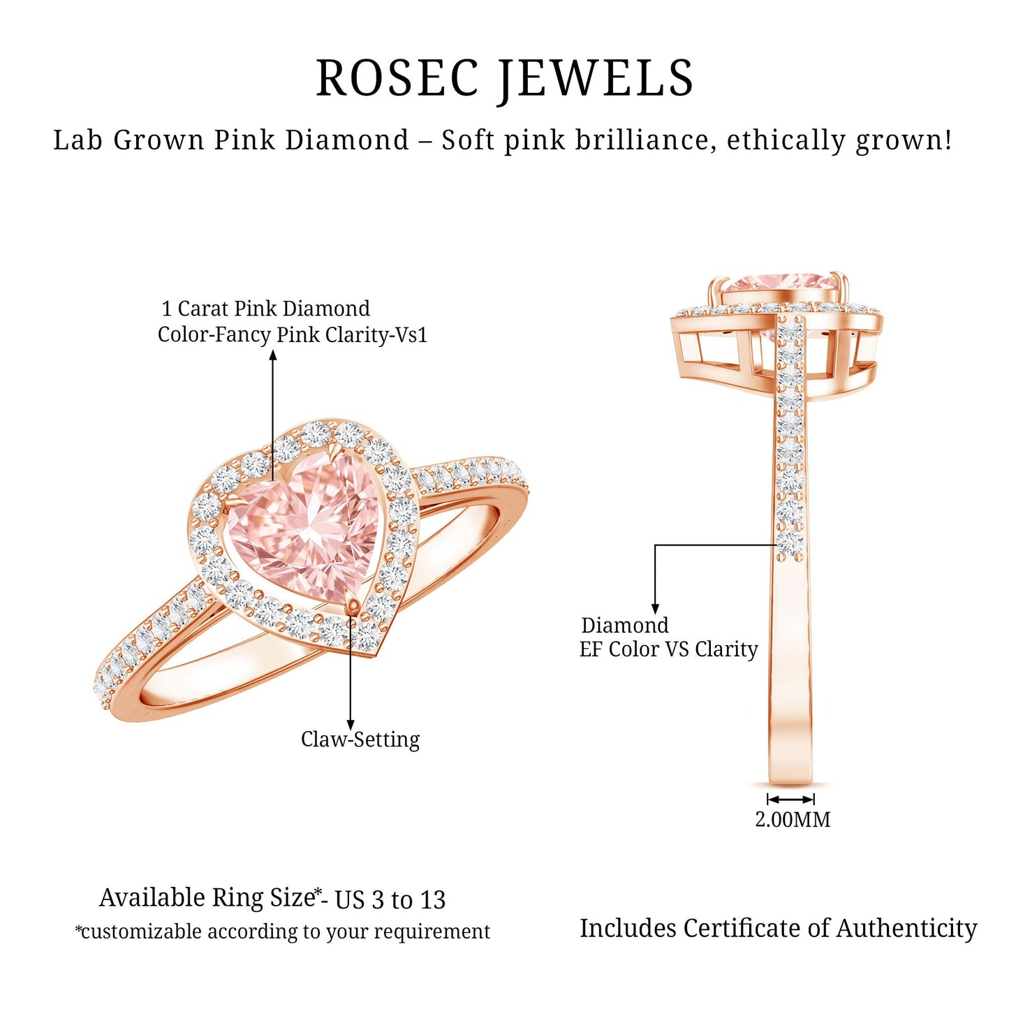 Heart Shape 1 CT Lab Grown Pink White Diamond Halo Engagement Ring IGI Certified
