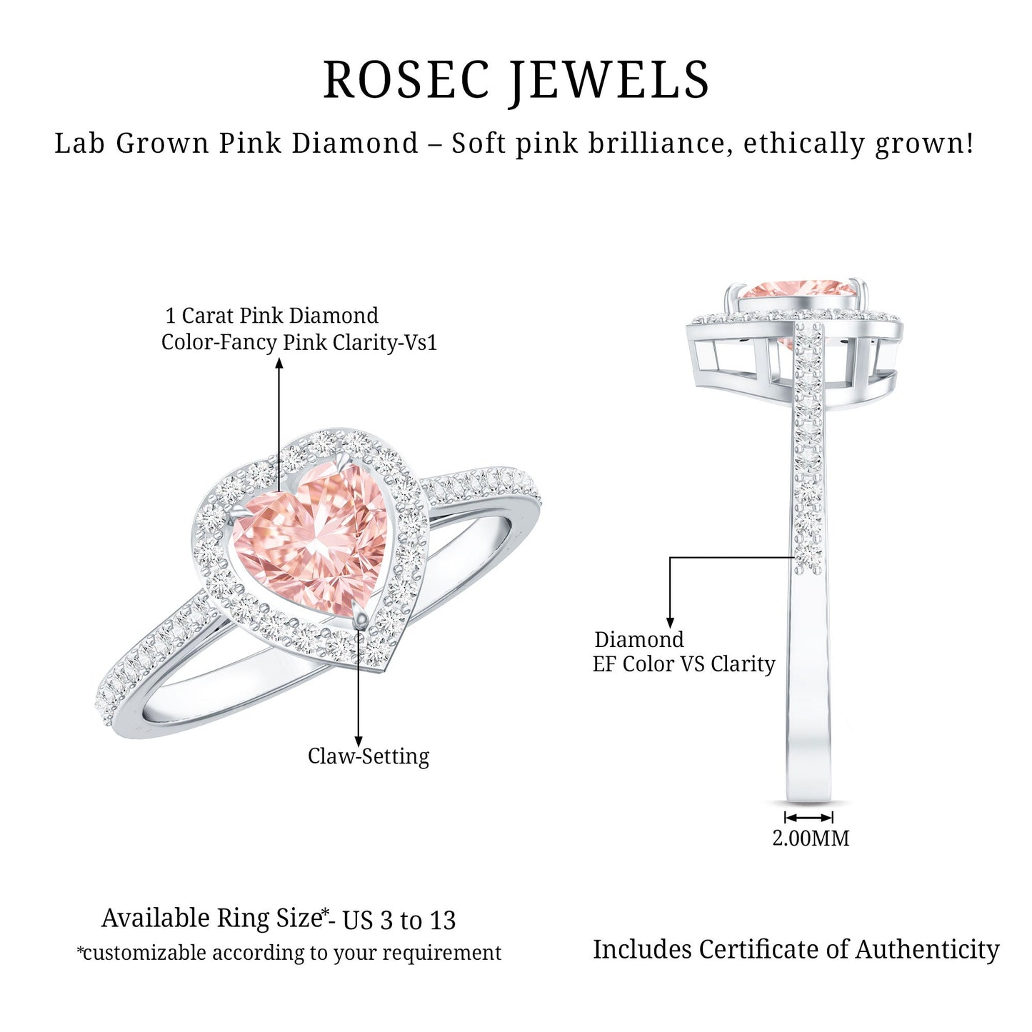 Heart Shape 1 CT Lab Grown Pink White Diamond Halo Engagement Ring IGI Certified