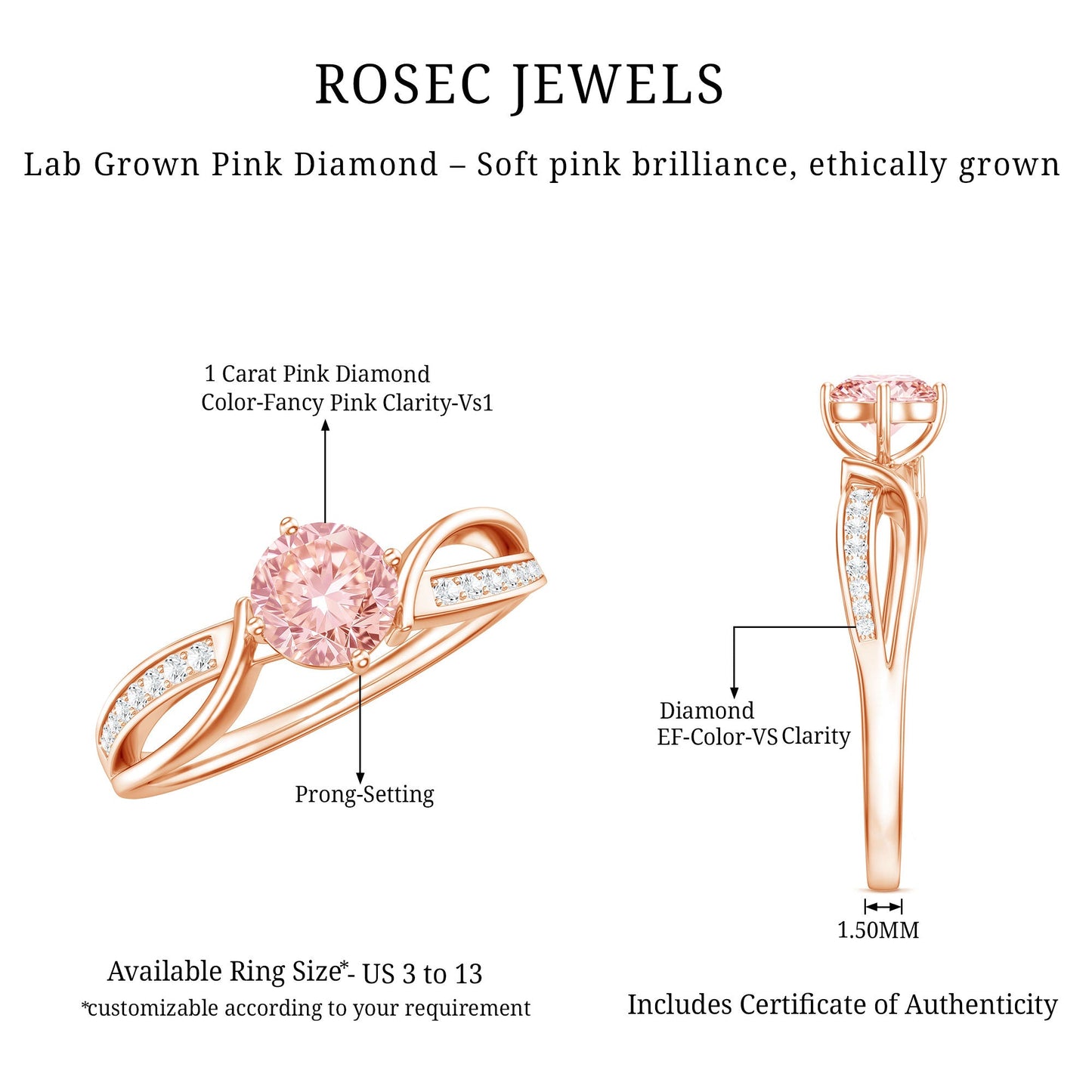 1 CT Lab Grown Pink Diamond Infinity Engagement Ring with IGI Certificate