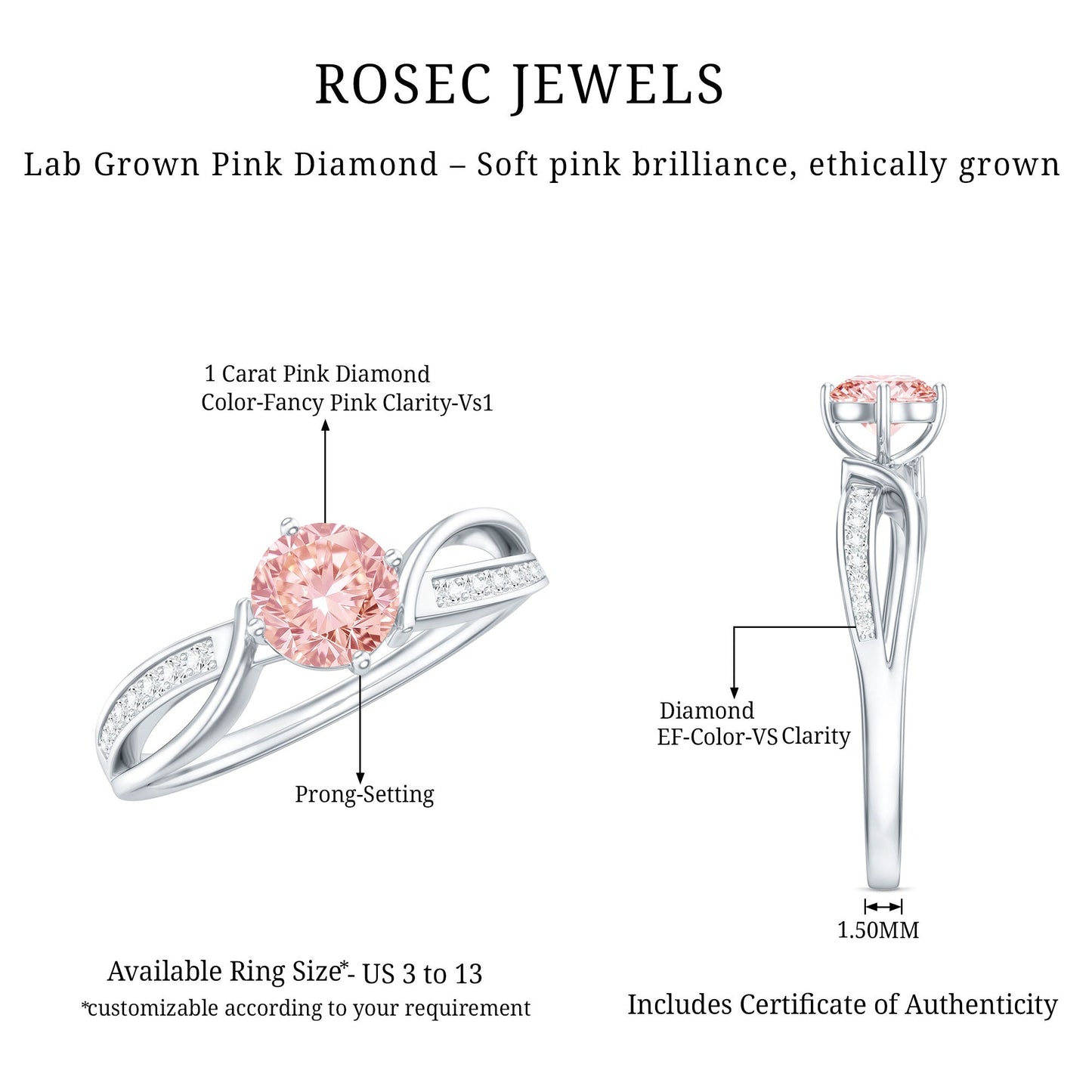 1 CT Lab Grown Pink Diamond Infinity Engagement Ring with IGI Certificate