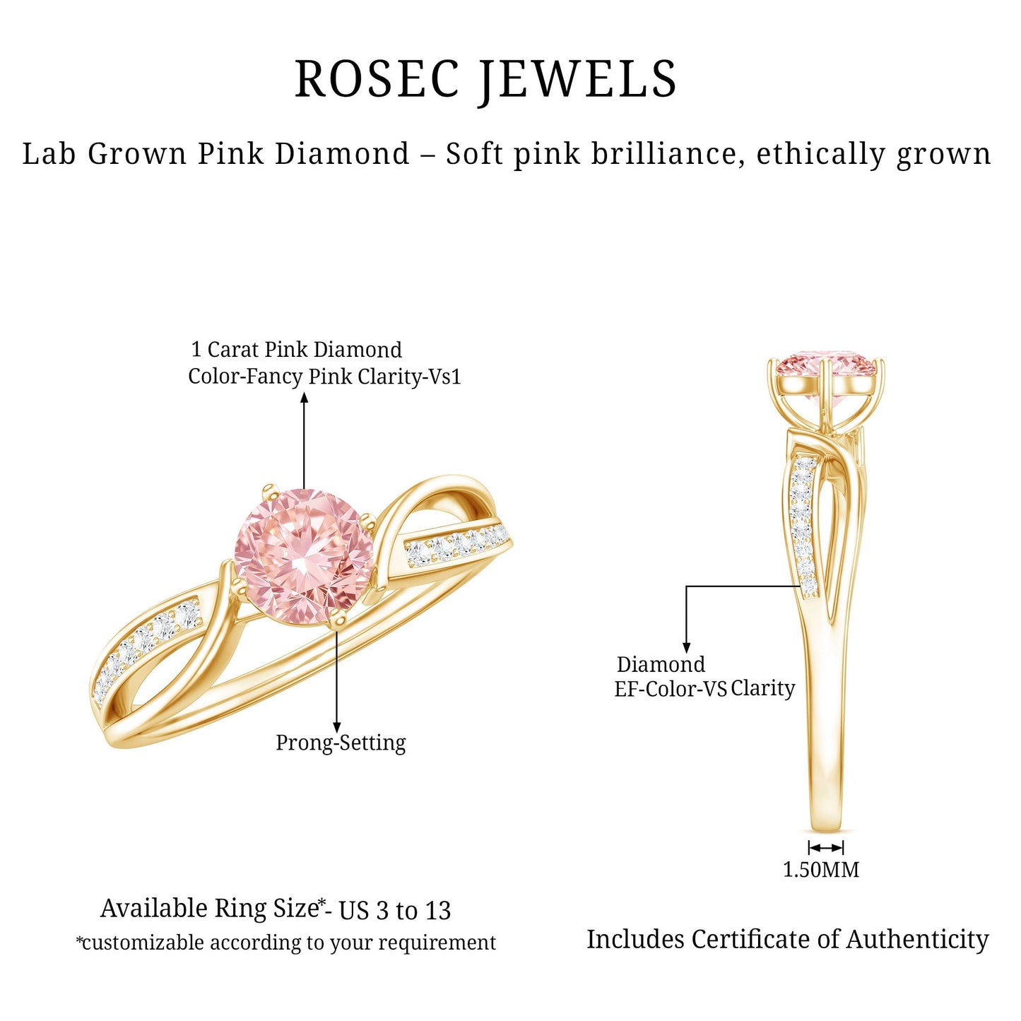 1 CT Lab Grown Pink Diamond Infinity Engagement Ring with IGI Certificate