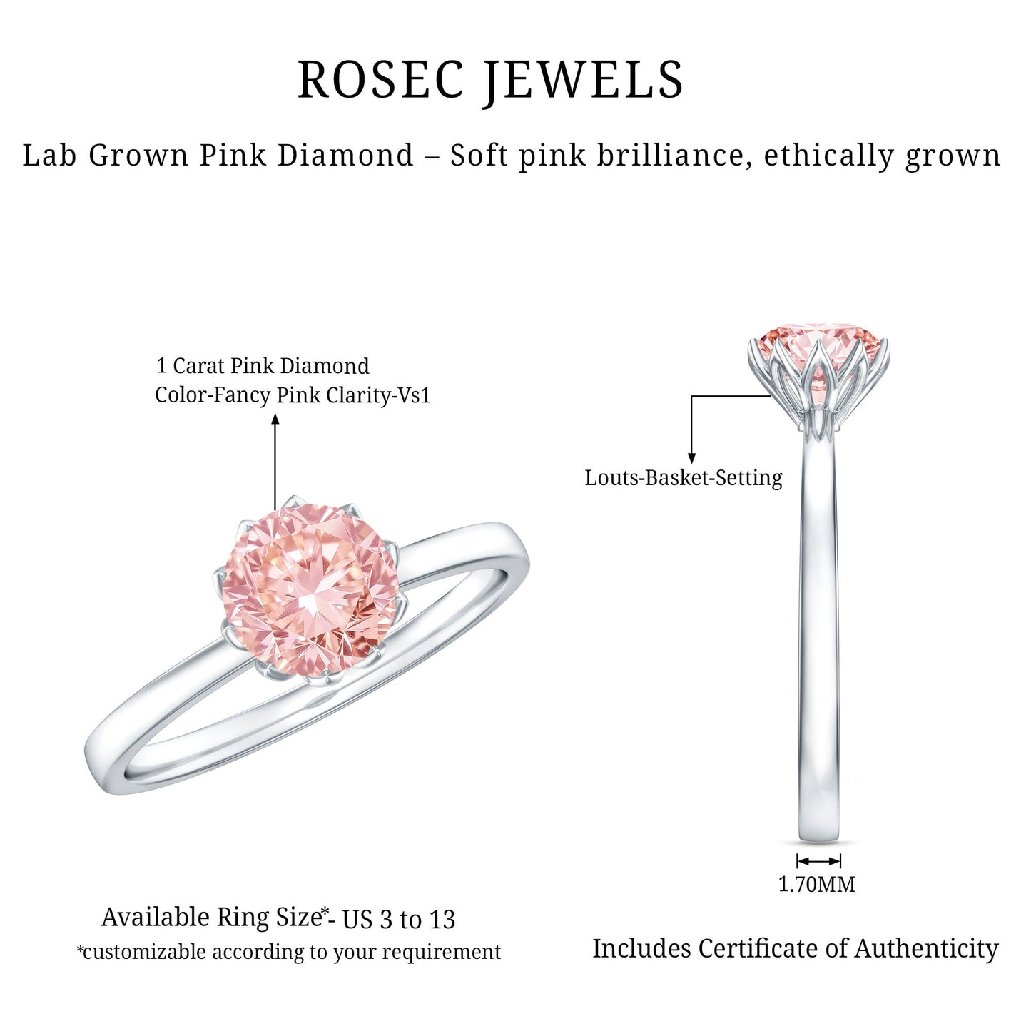 IGI Certified 1 CT Lab Grown Pink Diamond Solitaire Engagement Ring in Lotus Basket Setting