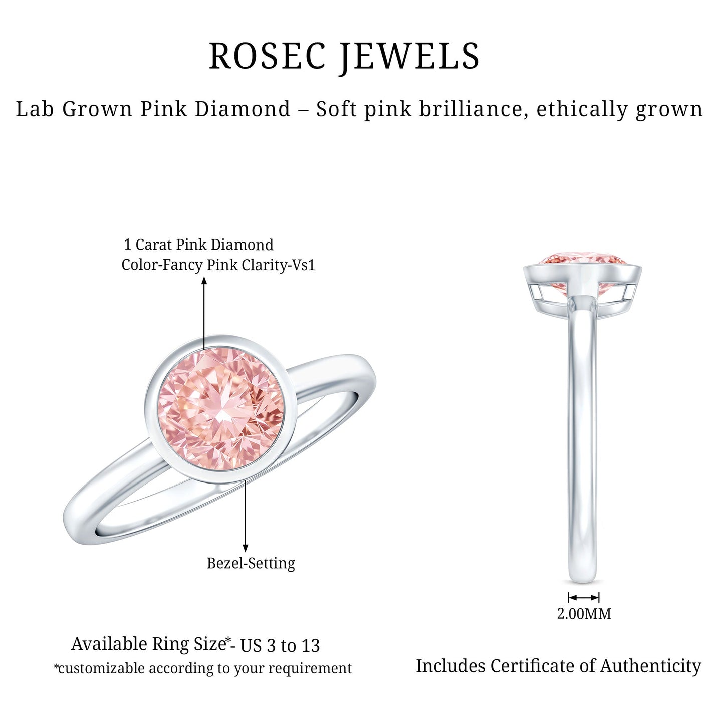 1 CT Lab Grown Pink Diamond Bezel Set Engagement Ring with IGI Certificate