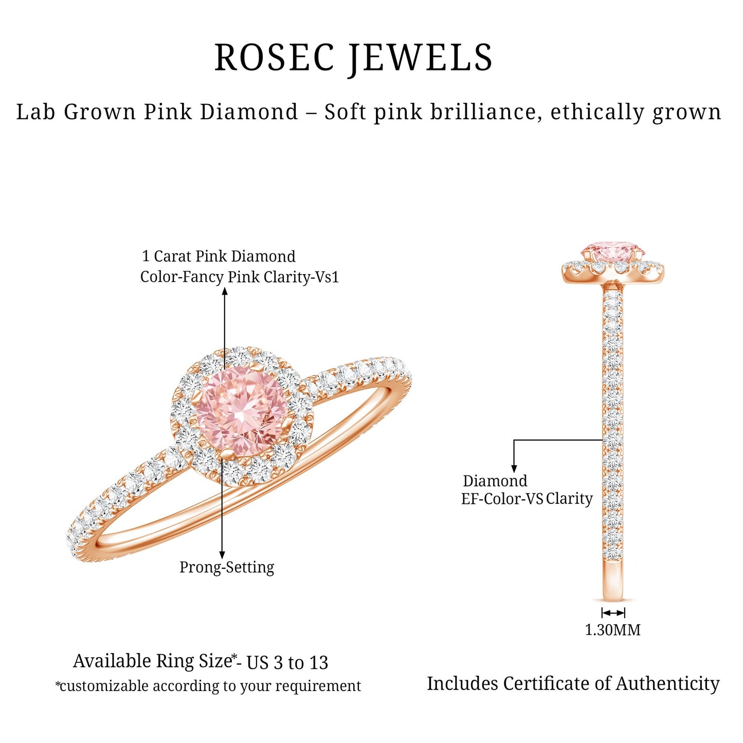 Lab Grown Pink White Diamond Halo Engagement Ring with IGI Certificate