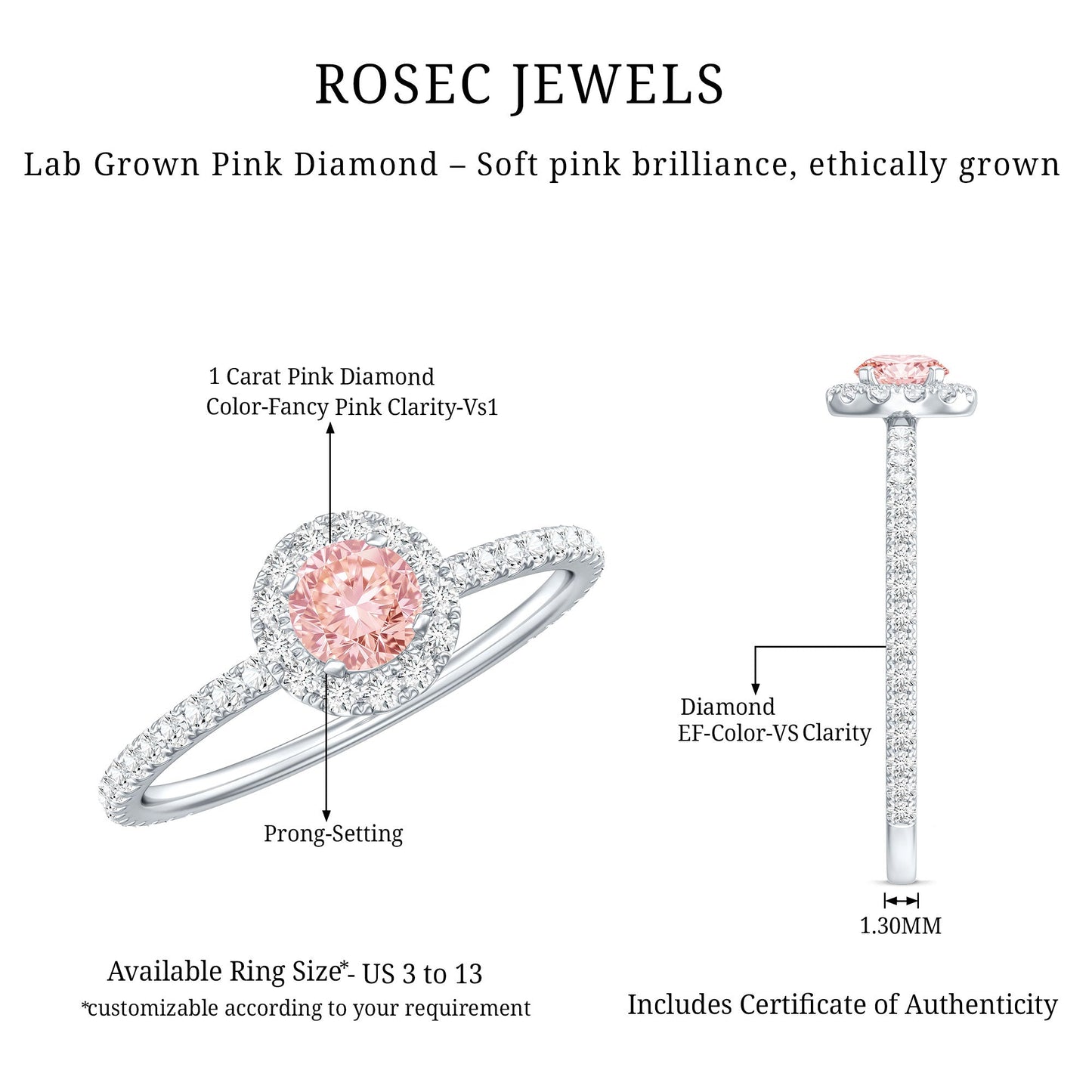 Lab Grown Pink White Diamond Halo Engagement Ring with IGI Certificate