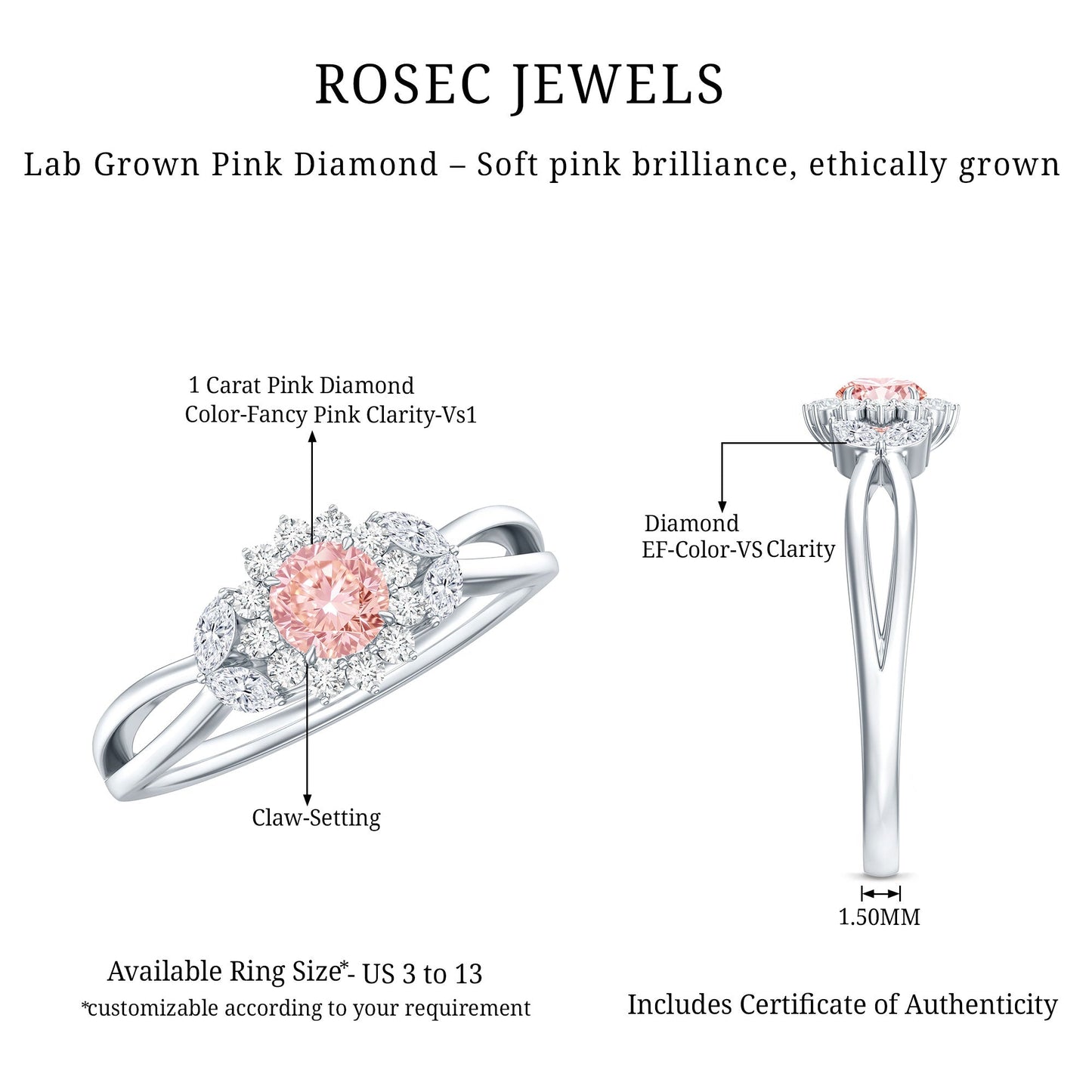 Lab Grown Pink and White Diamond Flower Engagement Ring IGI Certified