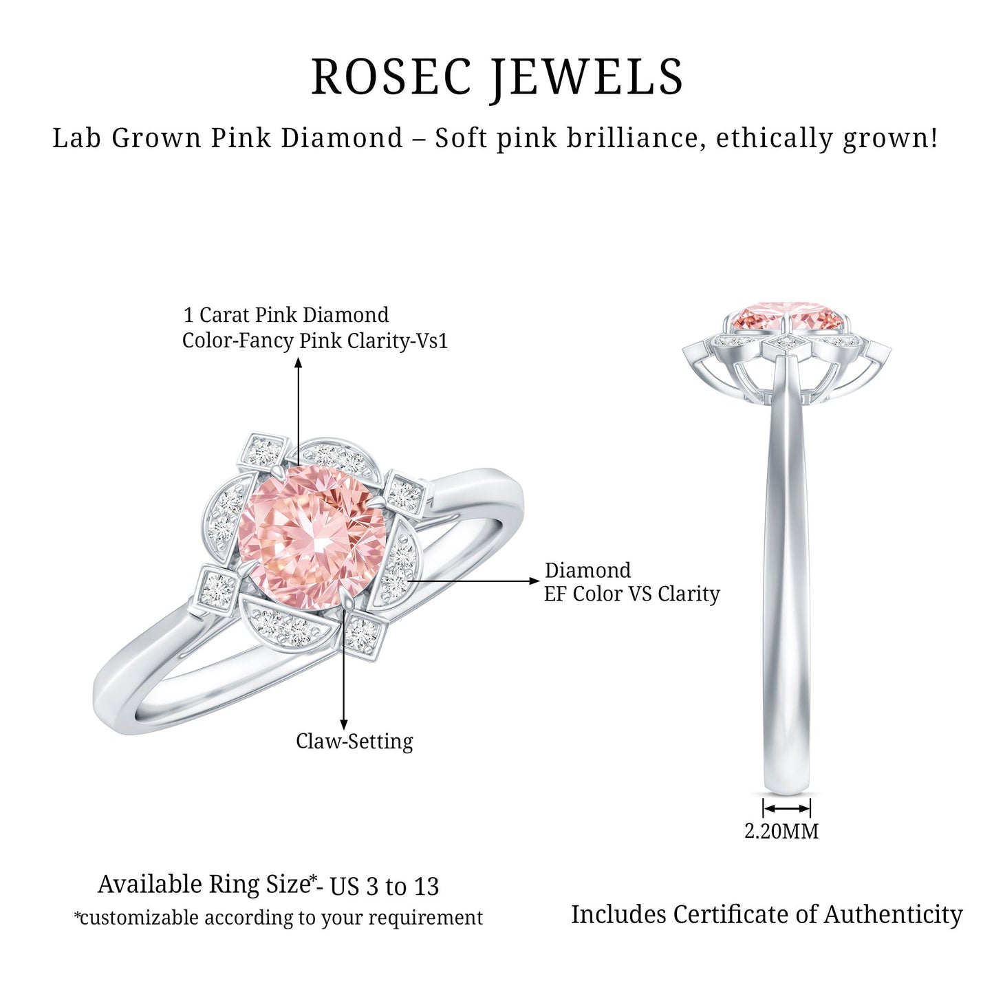 Vintage Inspired Lab Grown Pink Diamond Engagement Ring with IGI Certificate