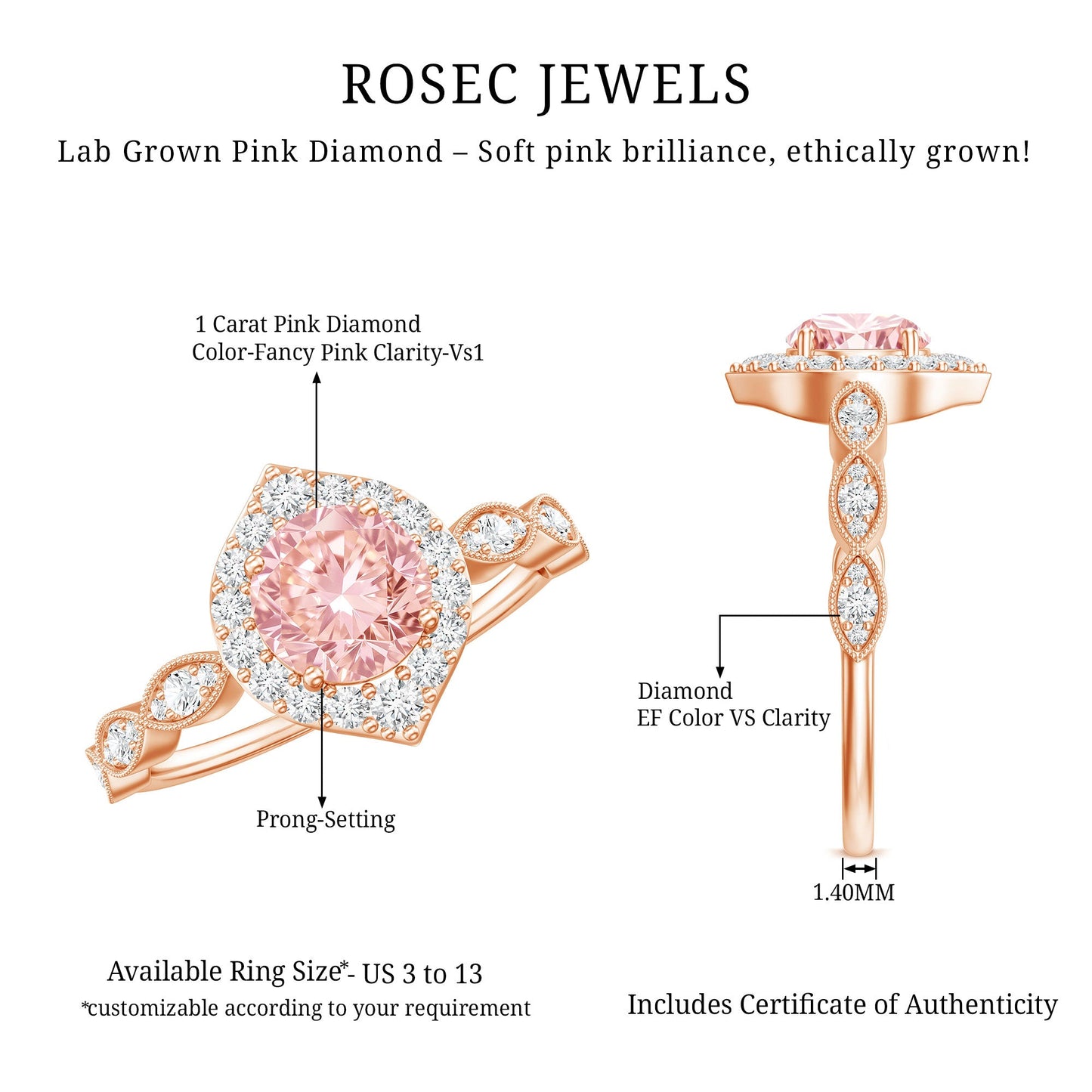 IGI Certified Lab Grown Pink White Diamond Designer Engagement Ring