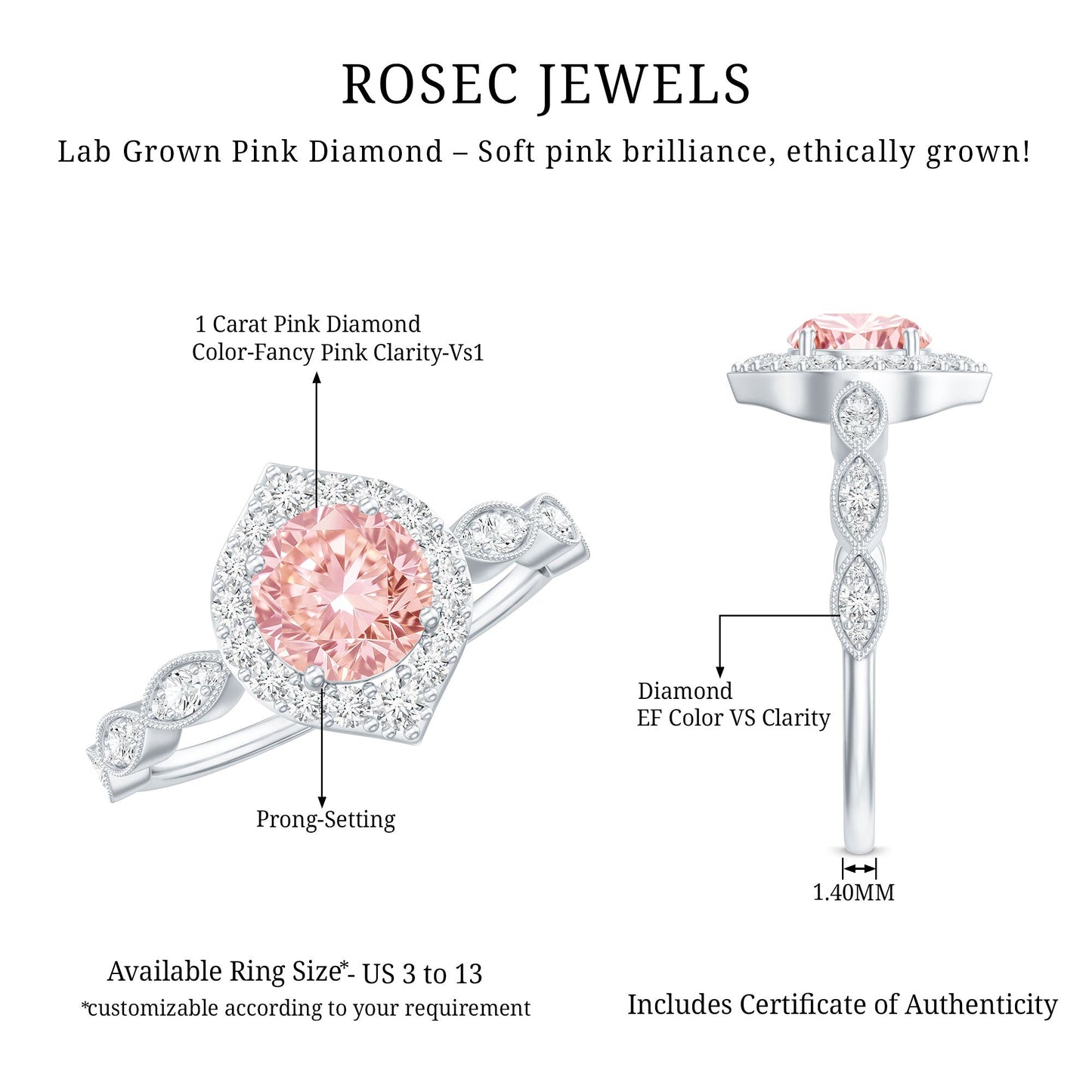 IGI Certified Lab Grown Pink White Diamond Designer Engagement Ring