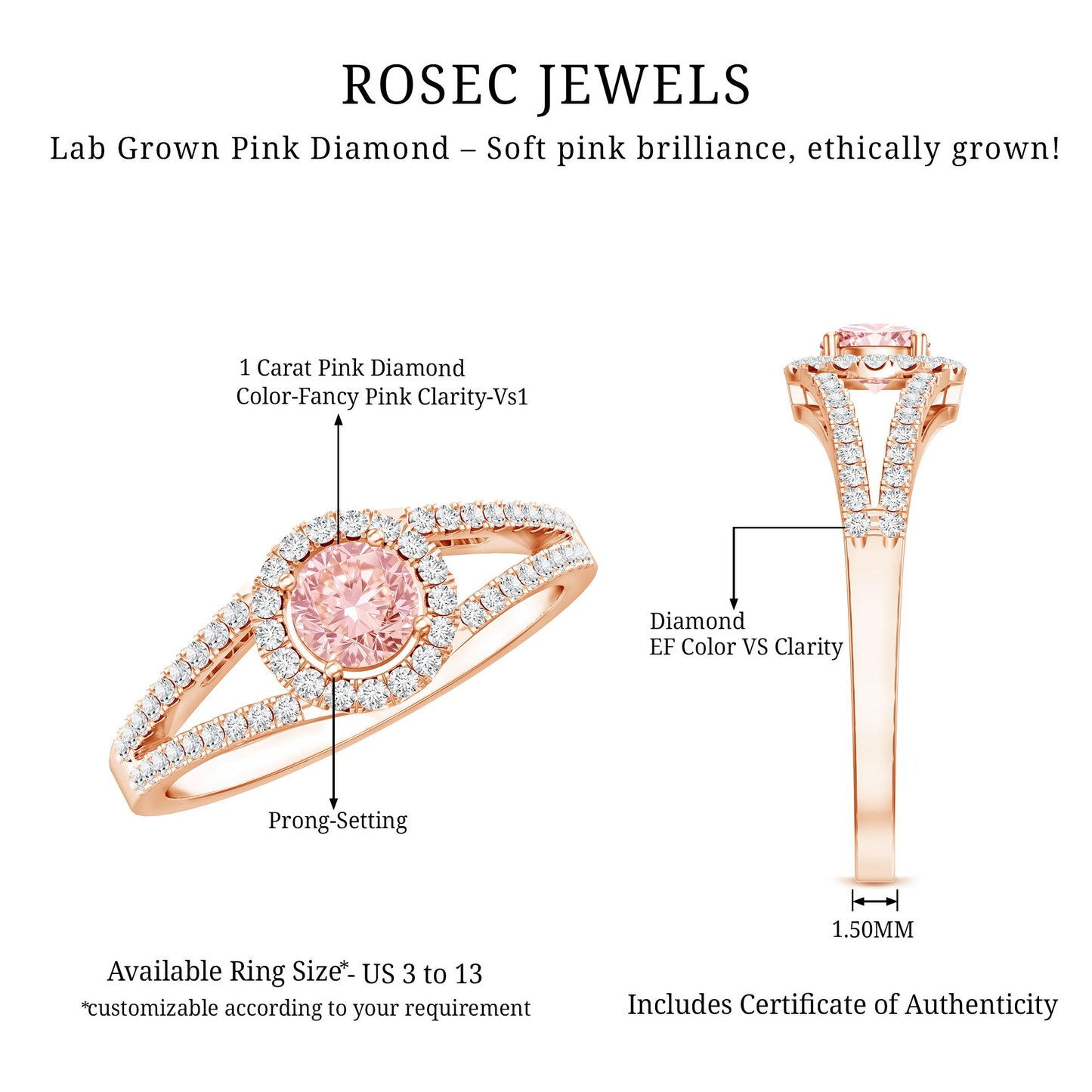 IGI Certified 1 CT Pink Lab Grown Diamond Halo Engagement Ring
