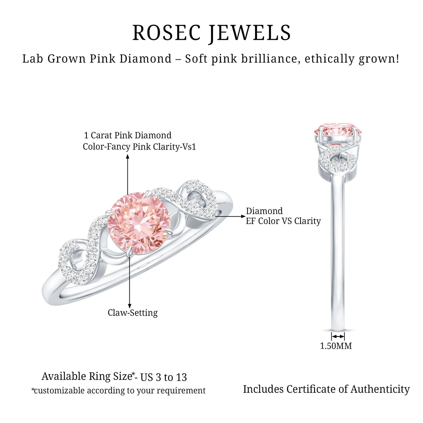 IGI Certified Lab Grown Pink Diamond Infinity Engagement Ring