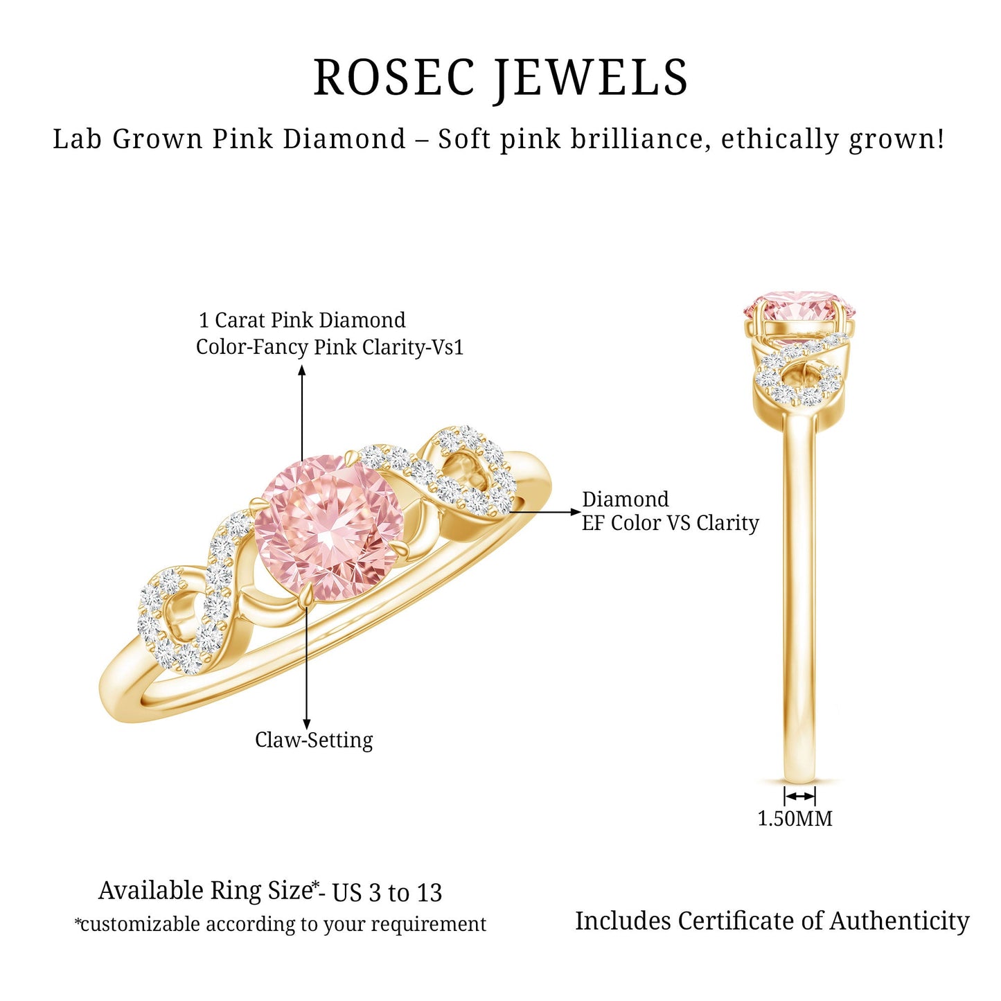IGI Certified Lab Grown Pink Diamond Infinity Engagement Ring