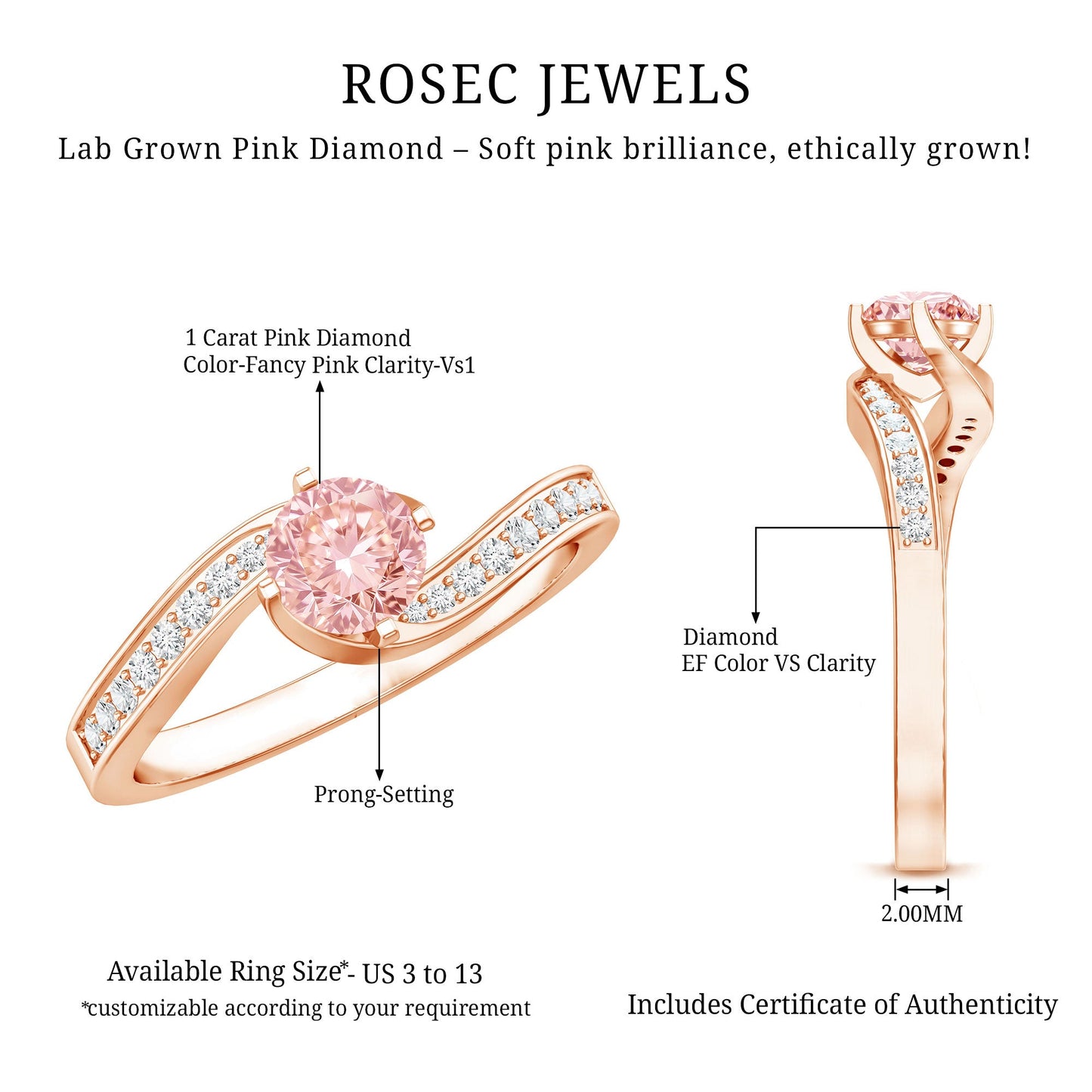 Lab Grown Pink Diamond Bypass Engagement Ring with IGI Certificate