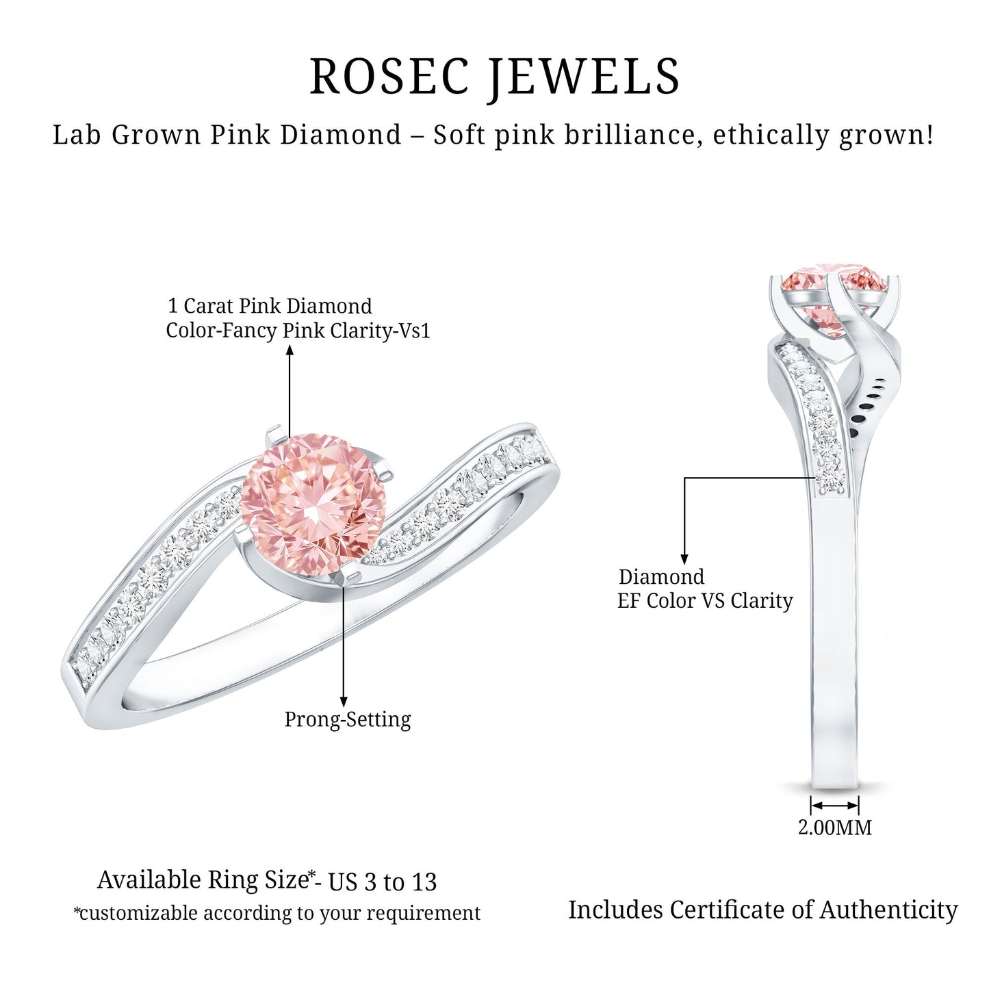 Lab Grown Pink Diamond Bypass Engagement Ring with IGI Certificate