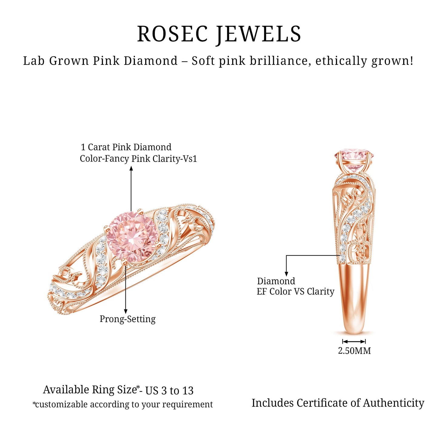 Lab Grown Pink Diamond Vintage Inspired Engagement Ring IGI Certified