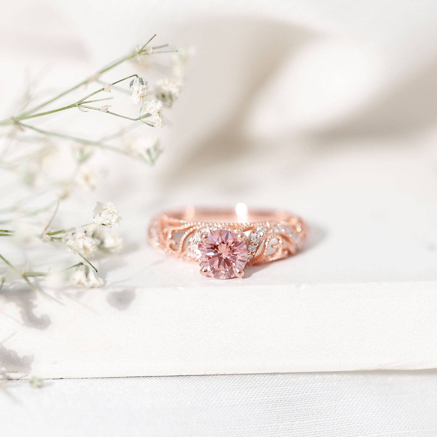 Lab Grown Pink Diamond Vintage Inspired Engagement Ring IGI Certified