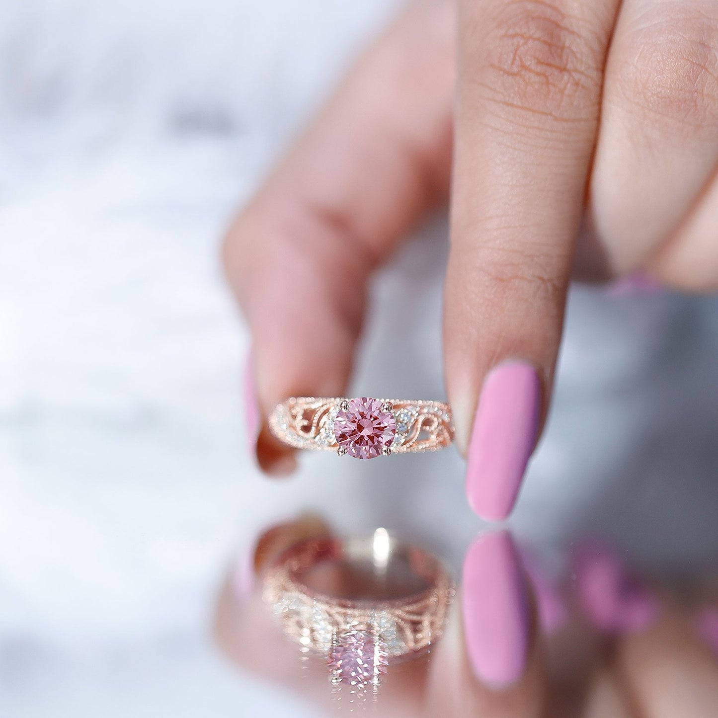 Lab Grown Pink Diamond Vintage Inspired Engagement Ring IGI Certified