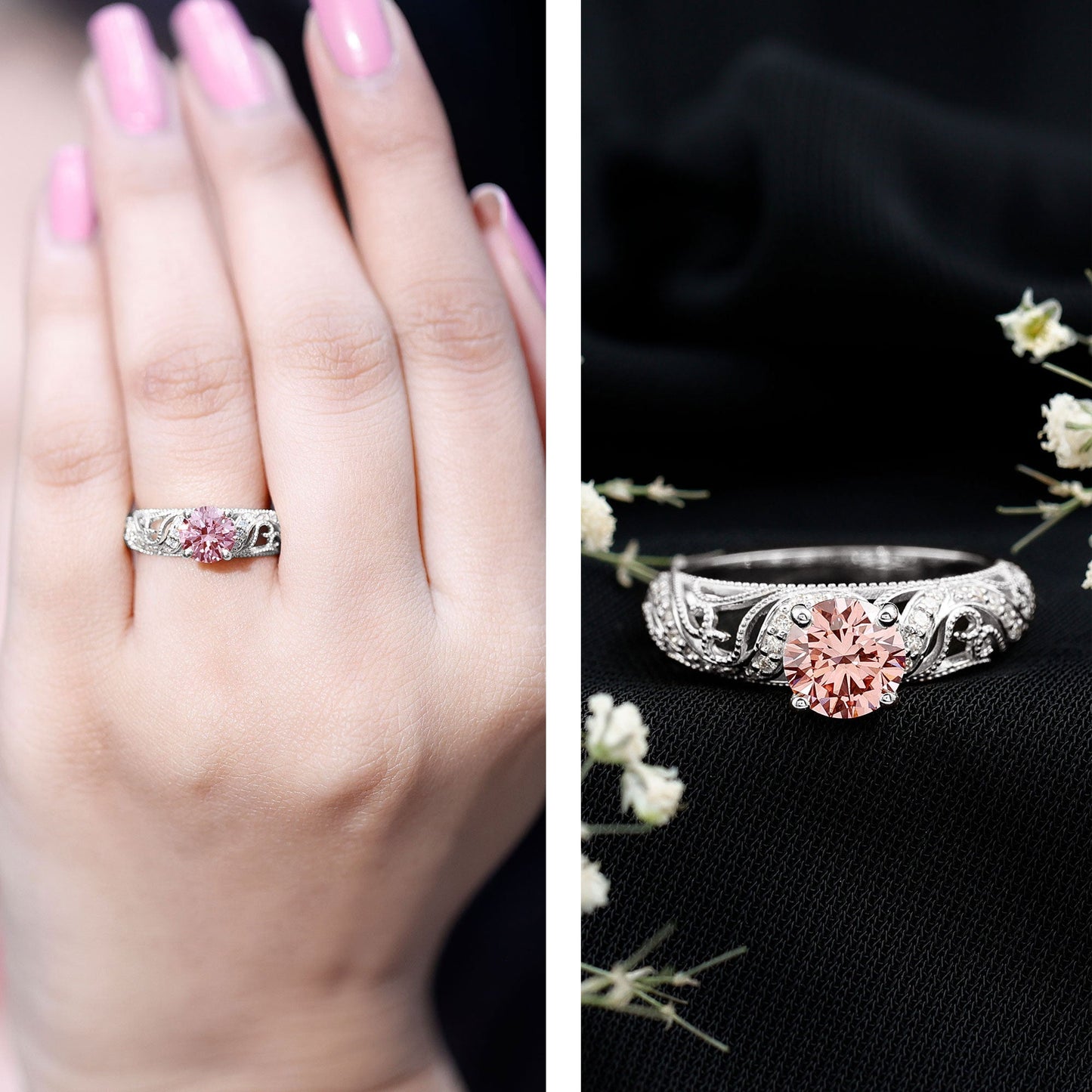 Lab Grown Pink Diamond Vintage Inspired Engagement Ring IGI Certified