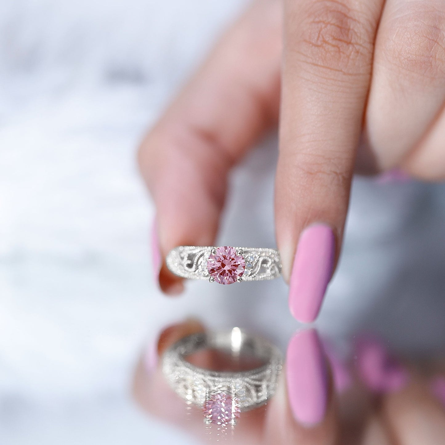 Lab Grown Pink Diamond Vintage Inspired Engagement Ring IGI Certified