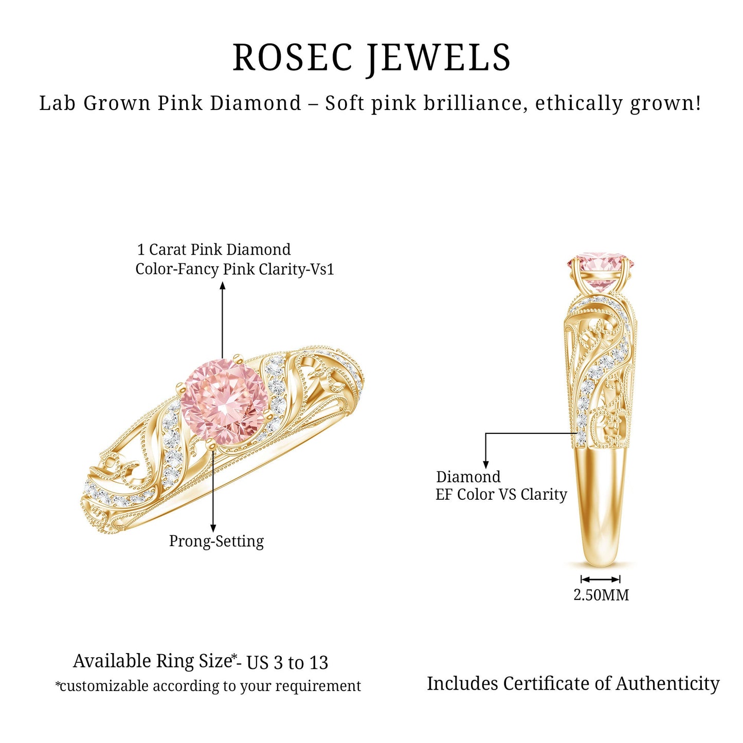 Lab Grown Pink Diamond Vintage Inspired Engagement Ring IGI Certified