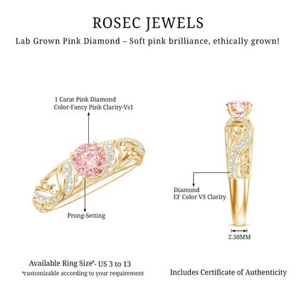 Lab Grown Pink Diamond Vintage Inspired Engagement Ring IGI Certified