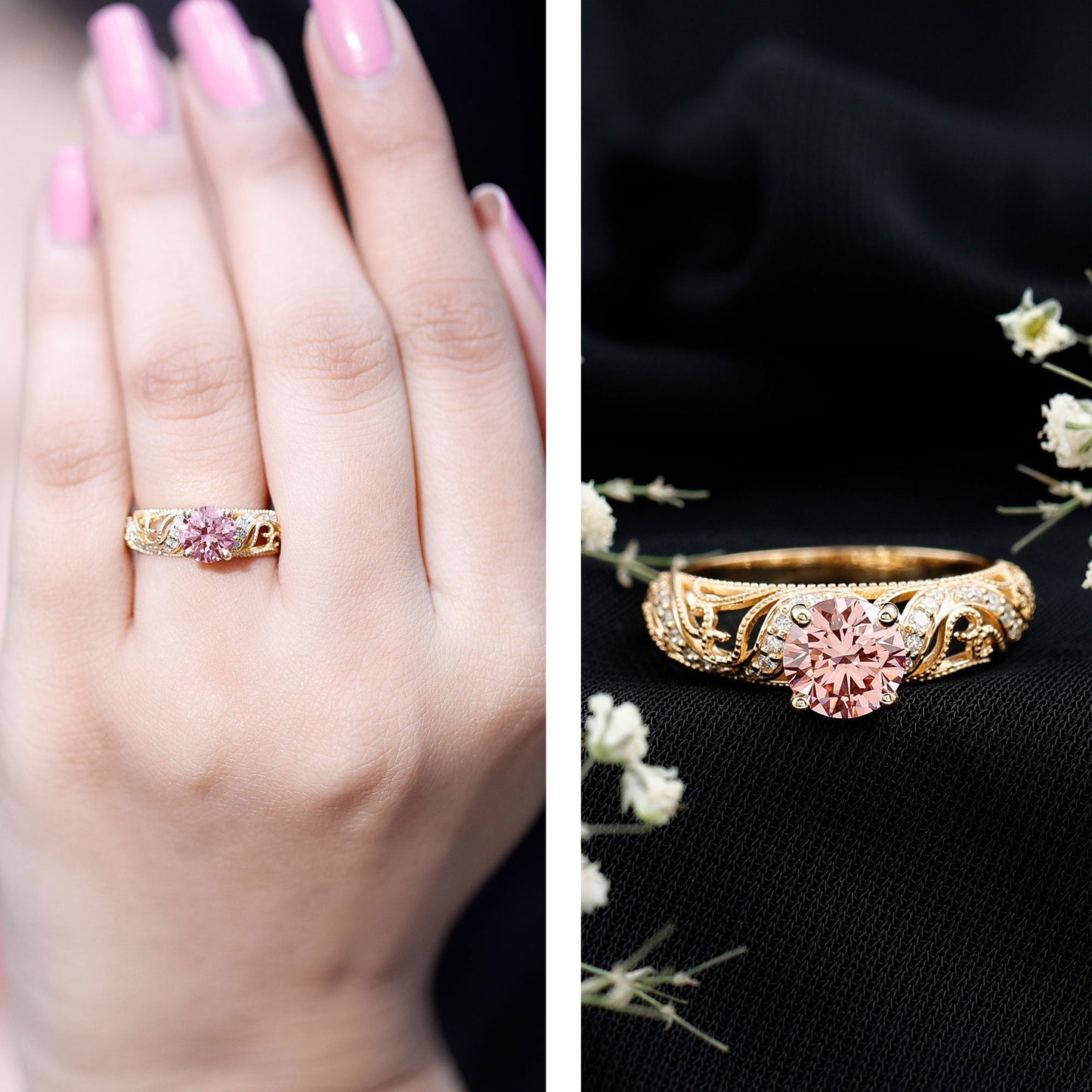 Lab Grown Pink Diamond Vintage Inspired Engagement Ring IGI Certified