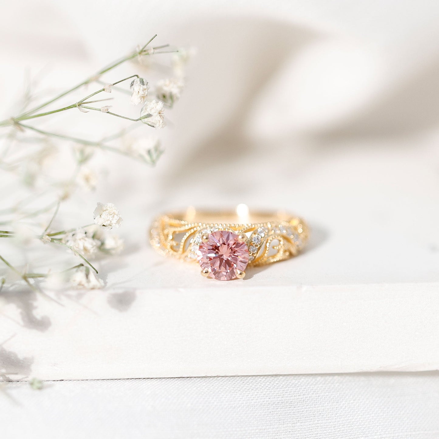 Lab Grown Pink Diamond Vintage Inspired Engagement Ring IGI Certified