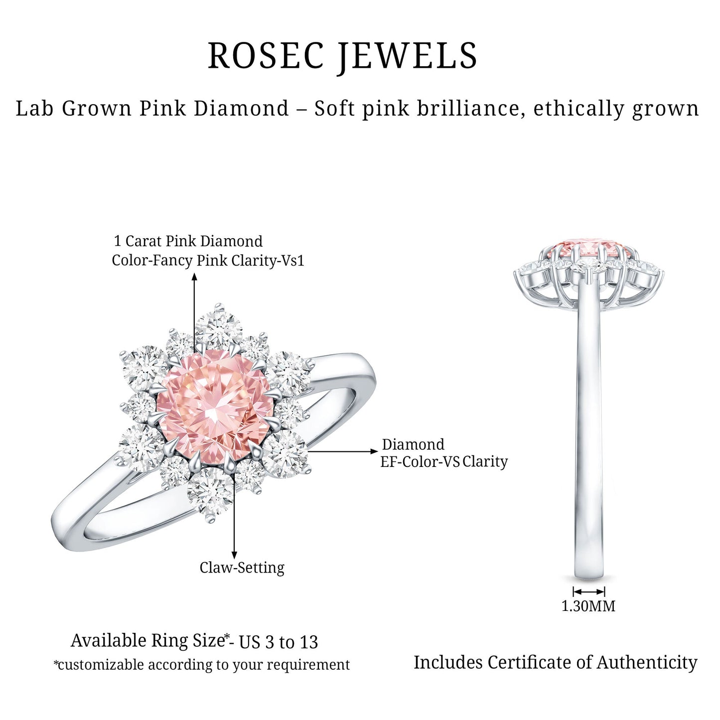 IGI Certified 1 CT Lab Grown Pink and White Diamond Halo Engagement Ring
