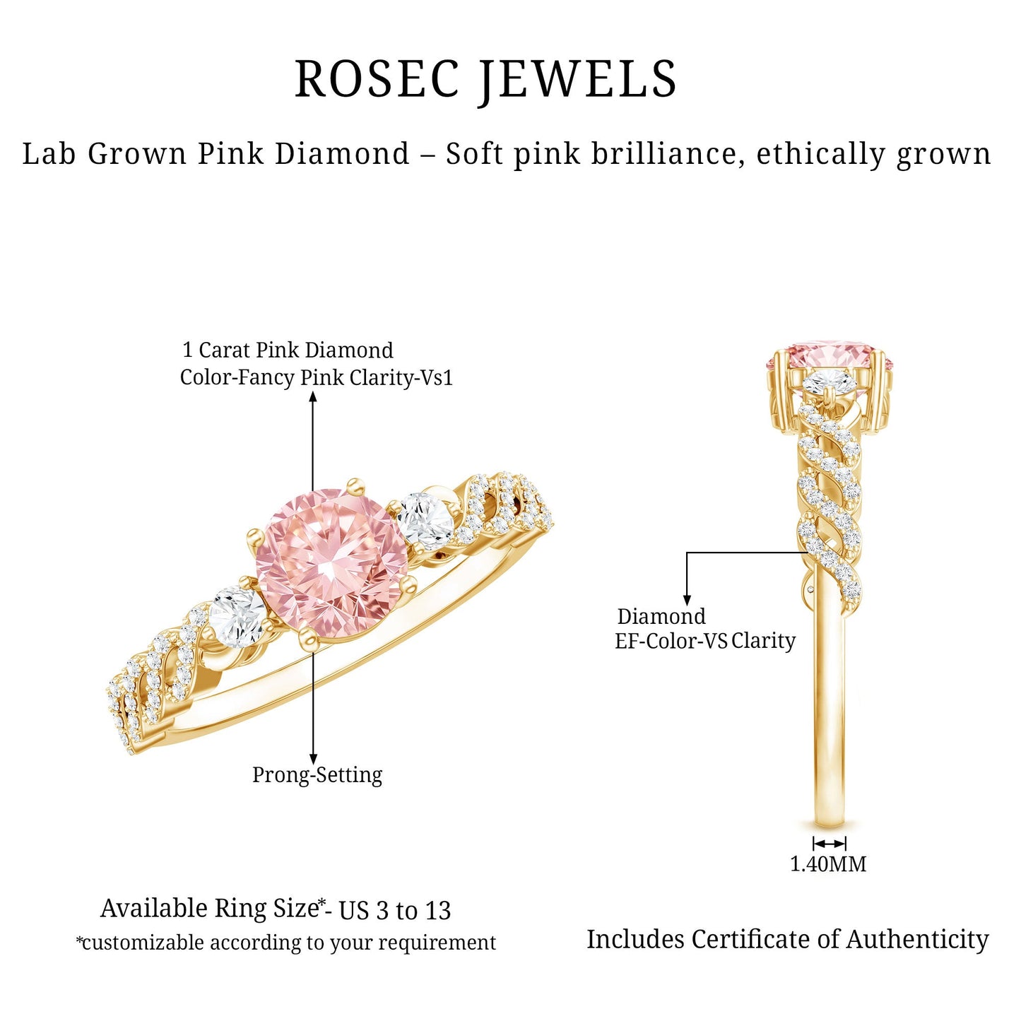 Lab Grown Fancy Pink Diamond Engagement Ring with IGI Certificate