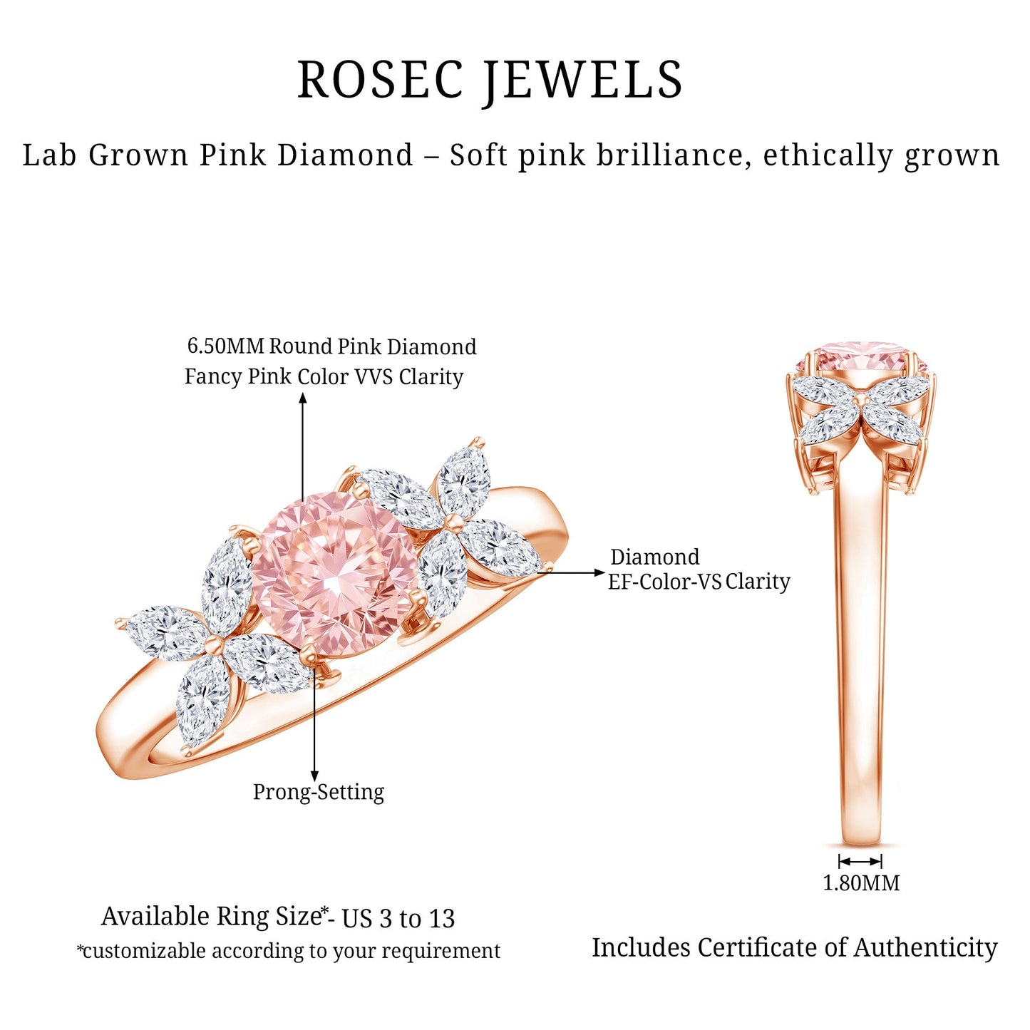 IGI Certified Lab Grown Pink White Diamond Flower Engagement Ring
