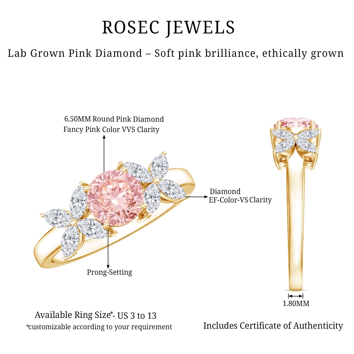 IGI Certified Lab Grown Pink White Diamond Flower Engagement Ring