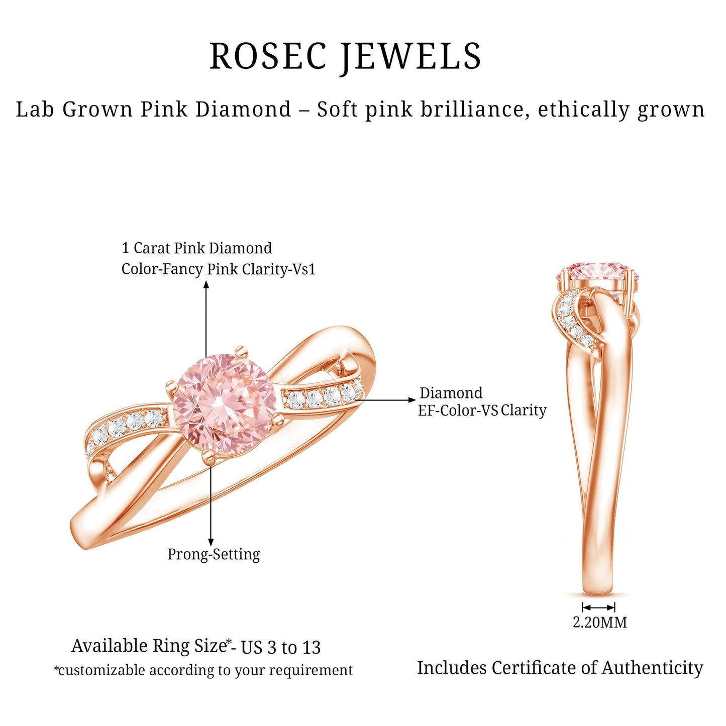 IGI Certified Lab Grown Pink Diamond Classic Engagement Ring