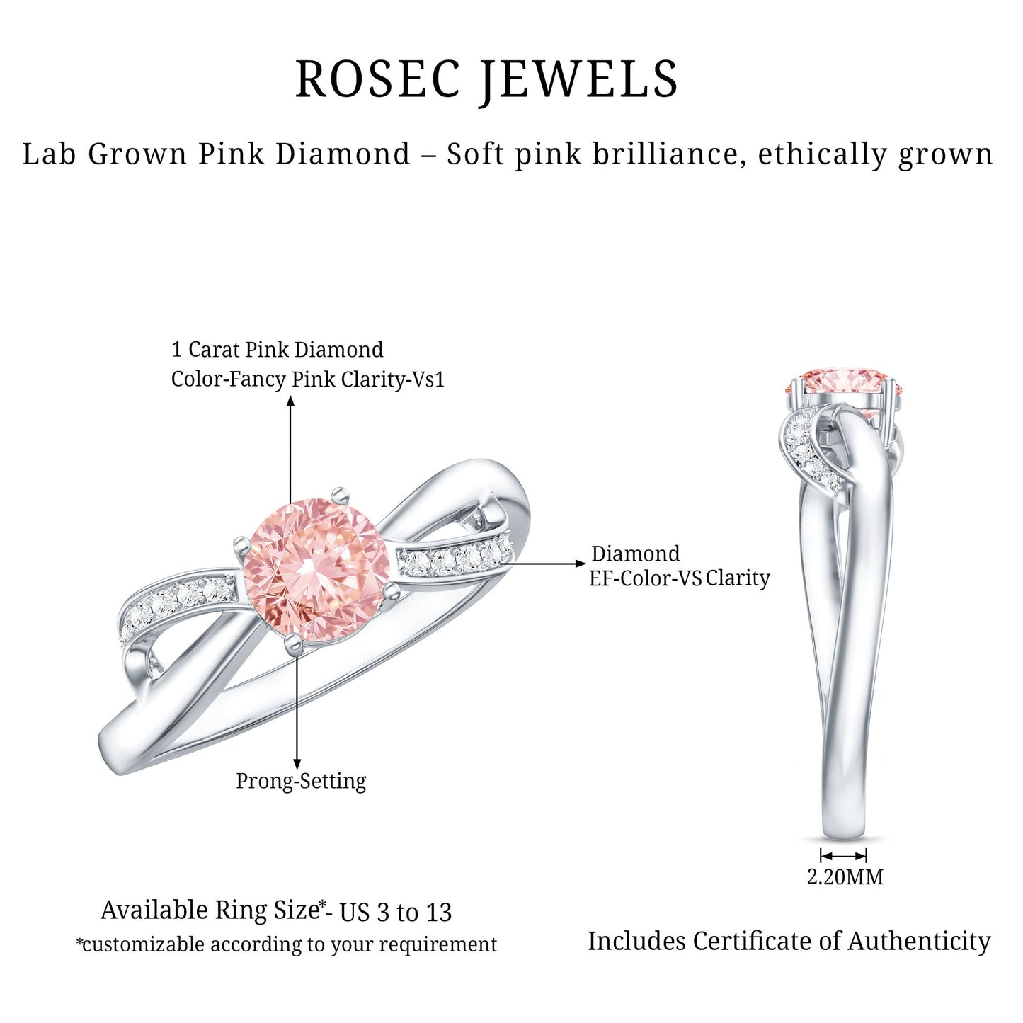 IGI Certified Lab Grown Pink Diamond Classic Engagement Ring