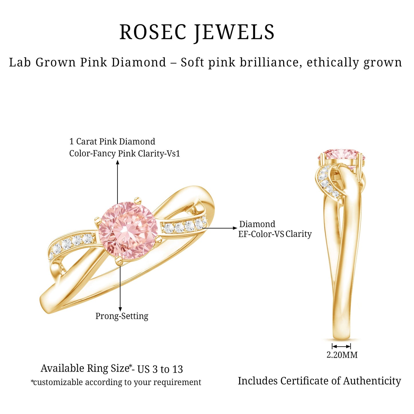 IGI Certified Lab Grown Pink Diamond Classic Engagement Ring