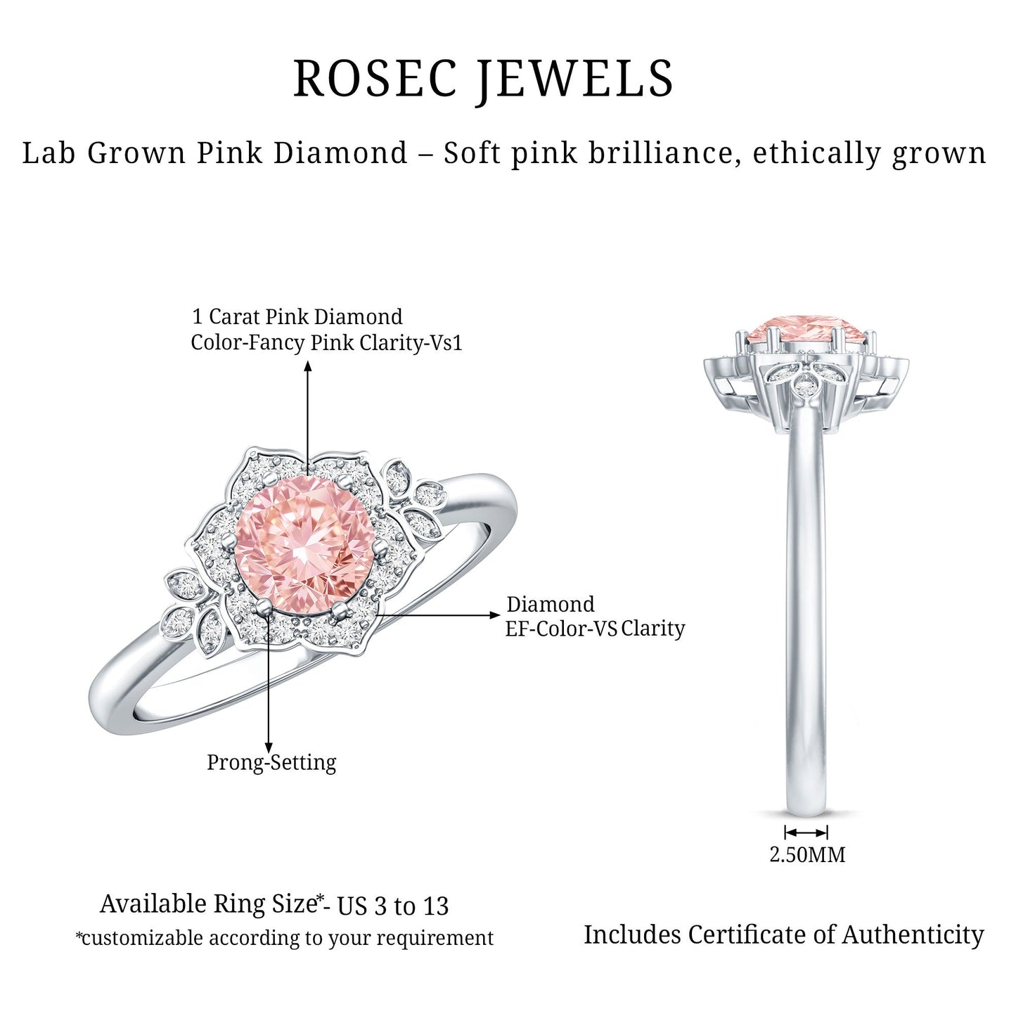 Pink and White Lab Grown Diamond Designer Engagement Ring with IGI Certificate
