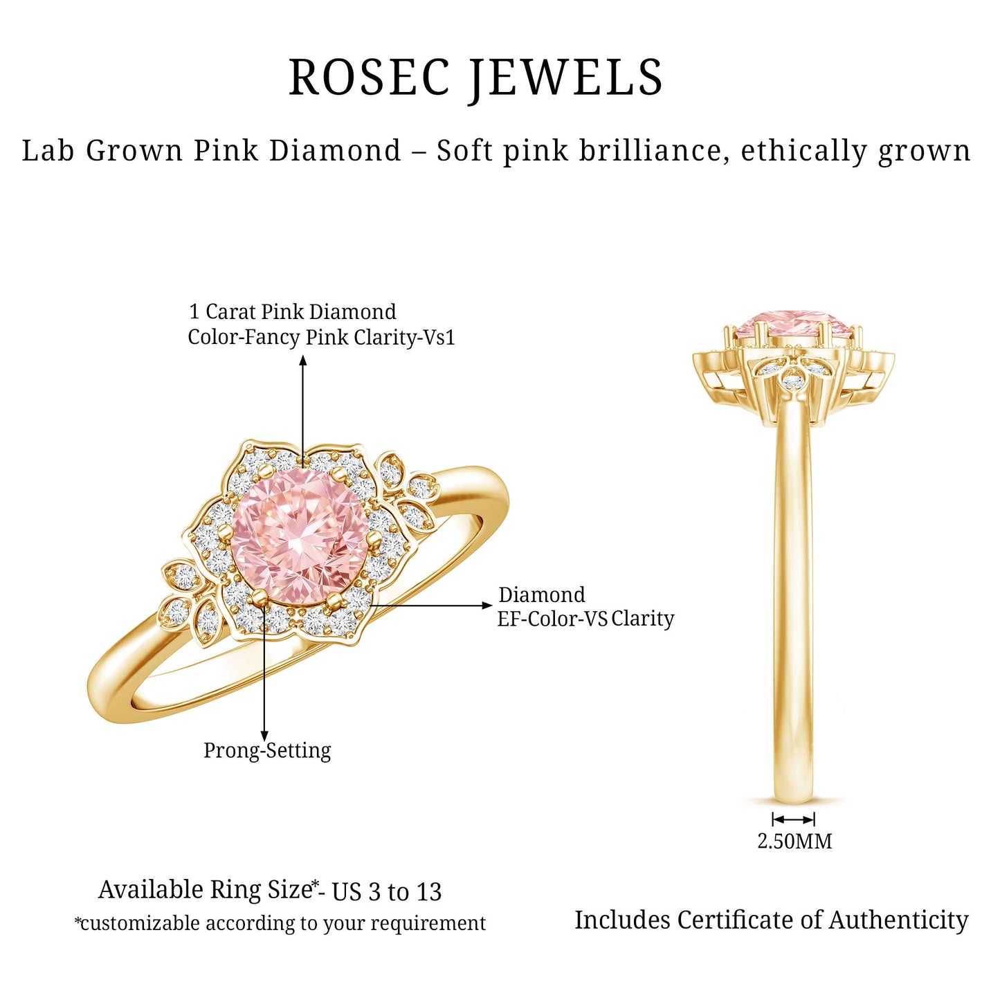 Pink and White Lab Grown Diamond Designer Engagement Ring with IGI Certificate
