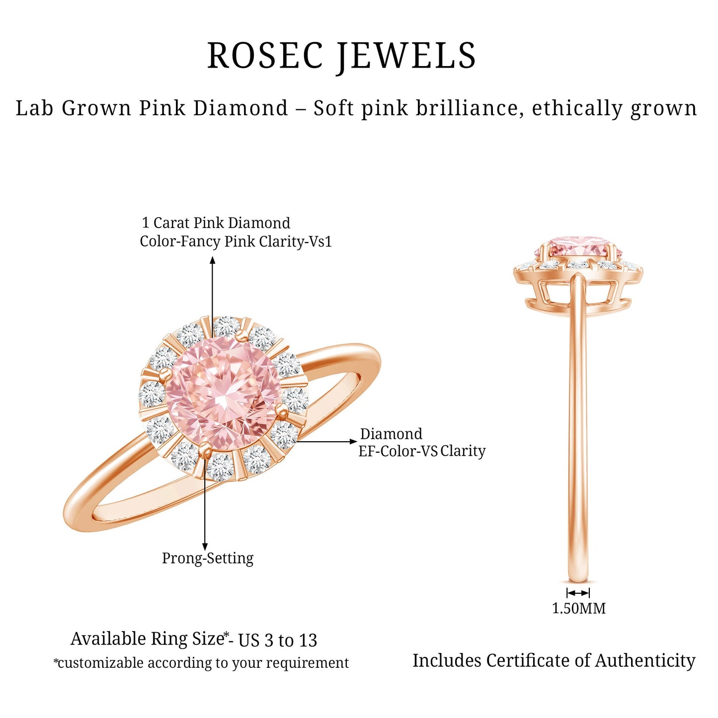 Fancy Intense Pink Lab Grown Diamond Halo Engagement Ring with IGI Certificate