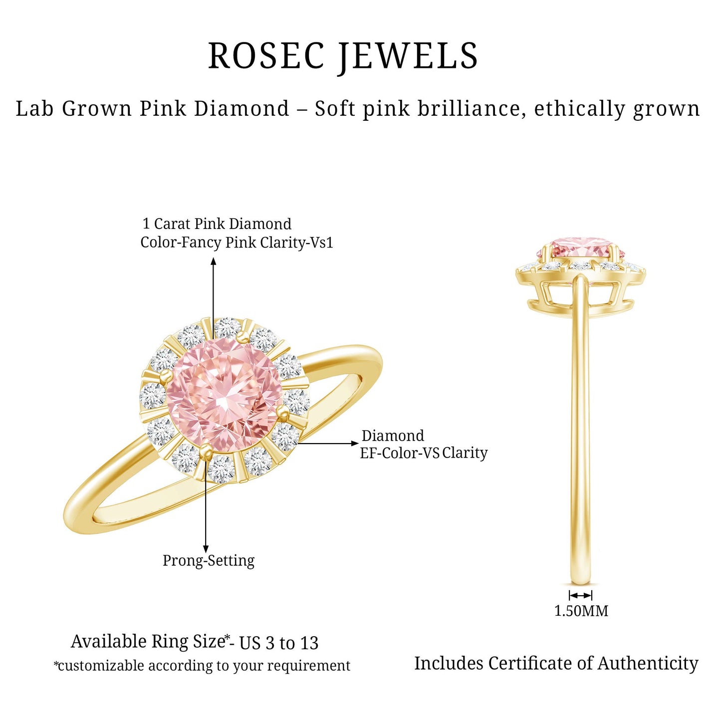 Fancy Intense Pink Lab Grown Diamond Halo Engagement Ring with IGI Certificate