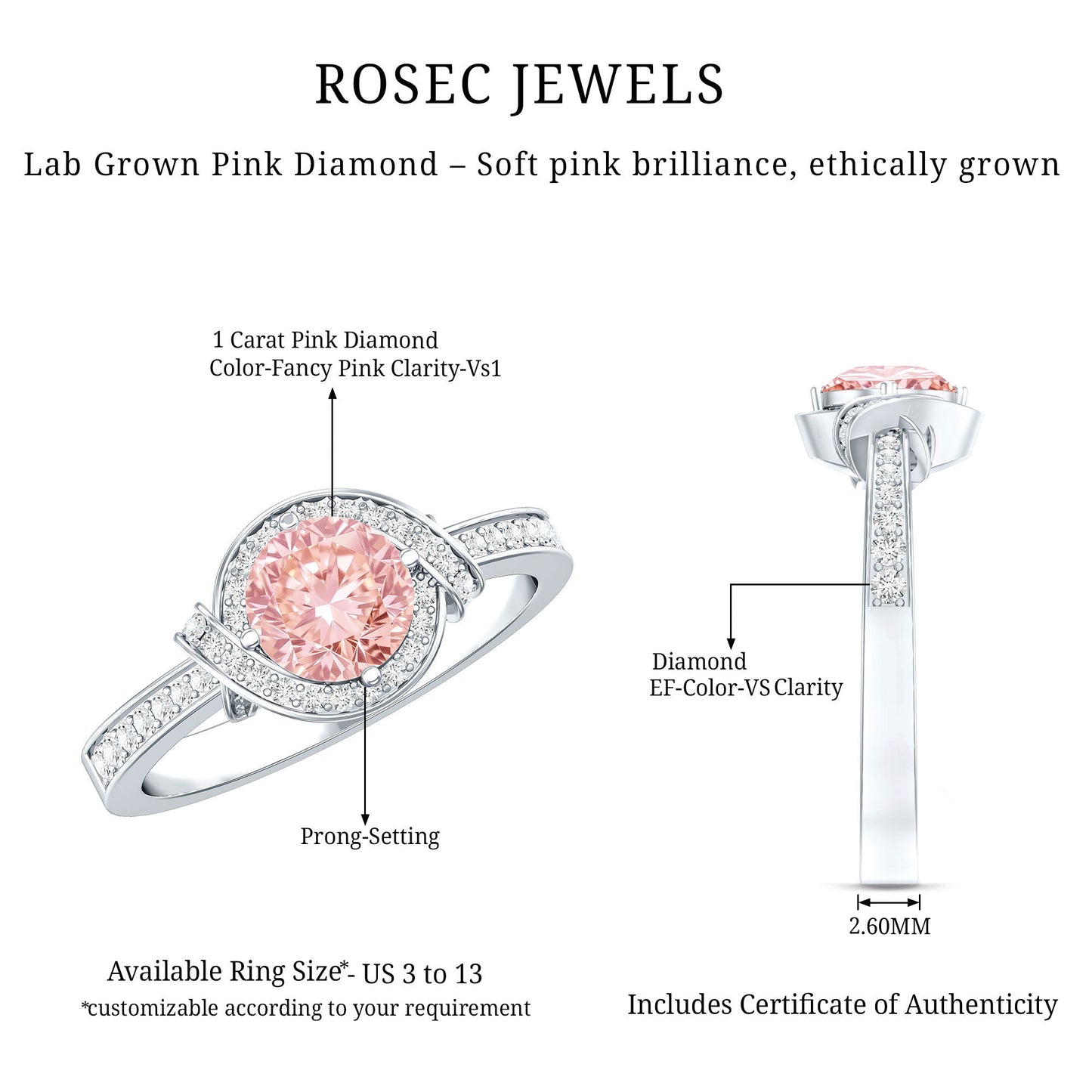IGI Certified Lab Grown Pink Diamond Halo Engagement Ring for Women