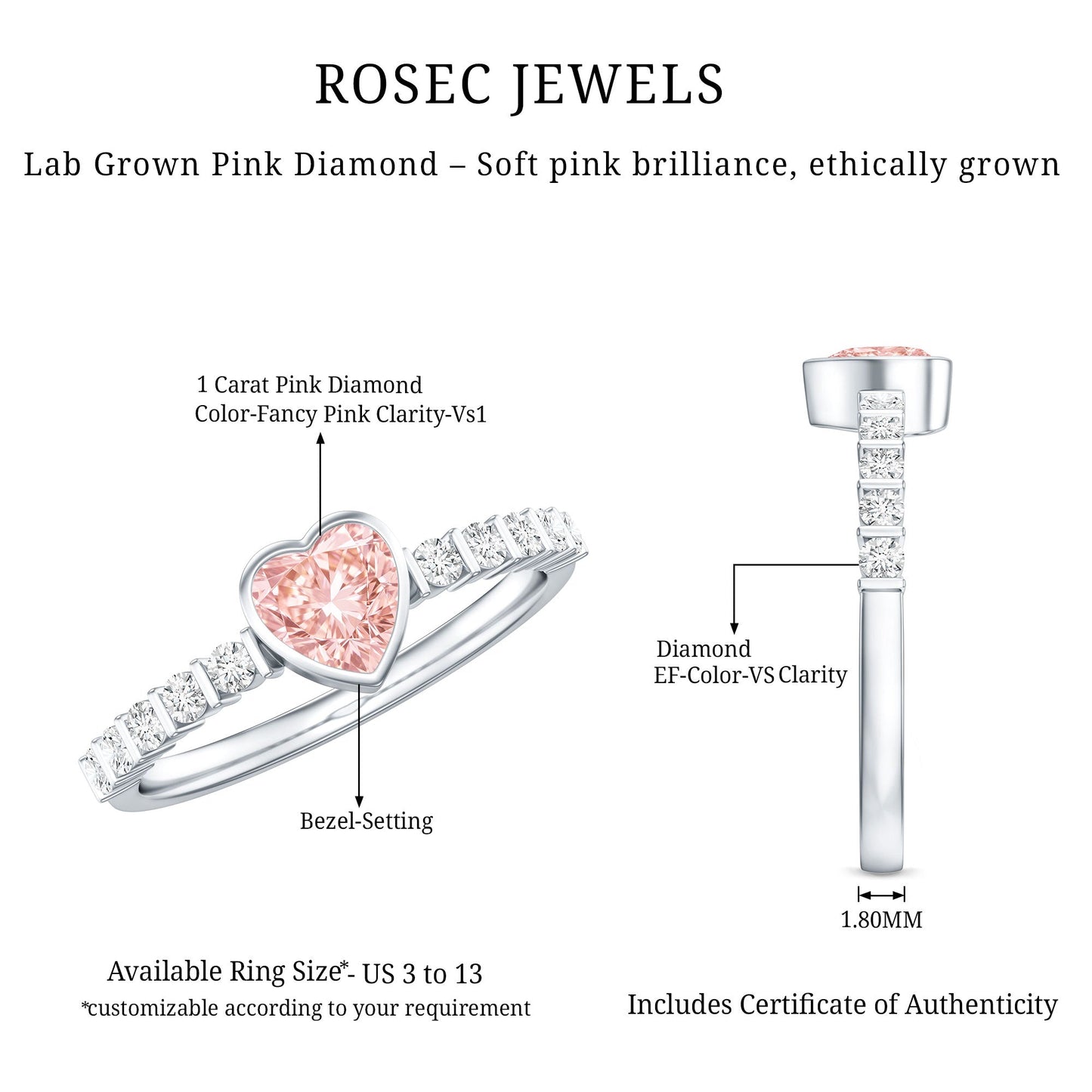 IGI Certified 1 CT Lab Grown Pink Diamond Heart Engagement Ring with Side Stones