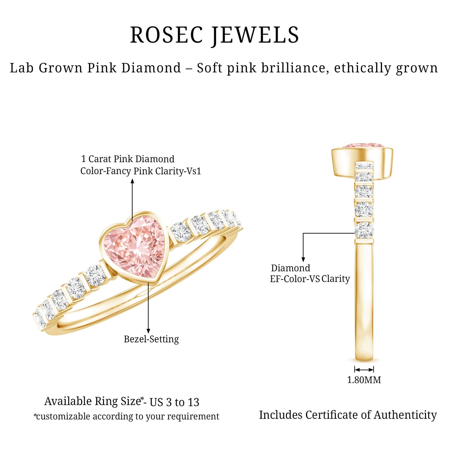 IGI Certified 1 CT Lab Grown Pink Diamond Heart Engagement Ring with Side Stones
