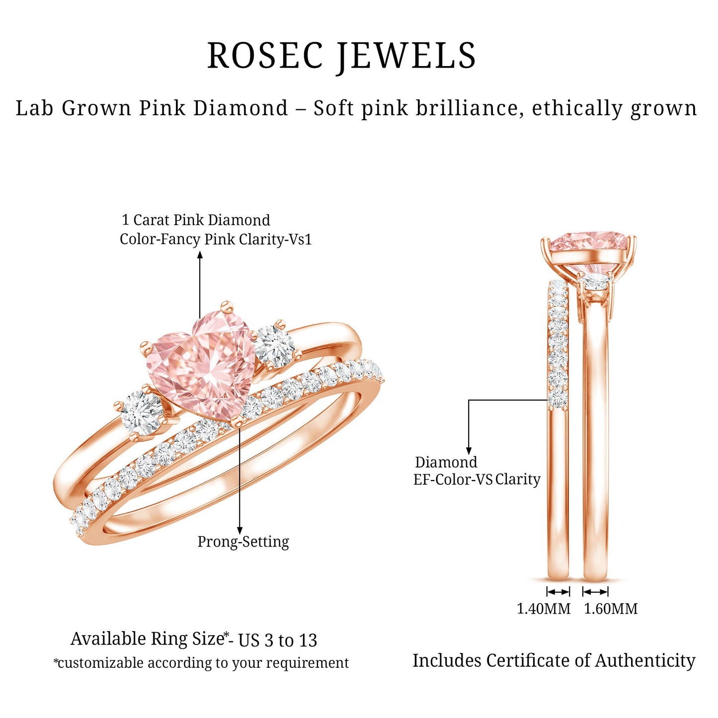 IGI Certified Lab Grown Pink Heart Engagement Ring With Diamond Wedding Band